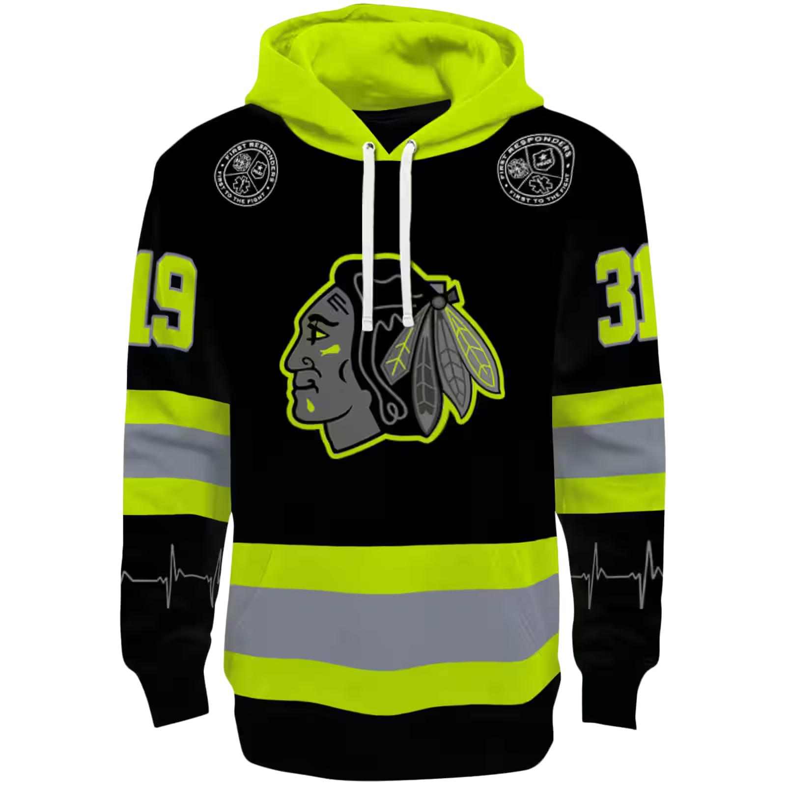 Personalized Chicago Blackhawks Safety Motif Black Neon Green Hoodie