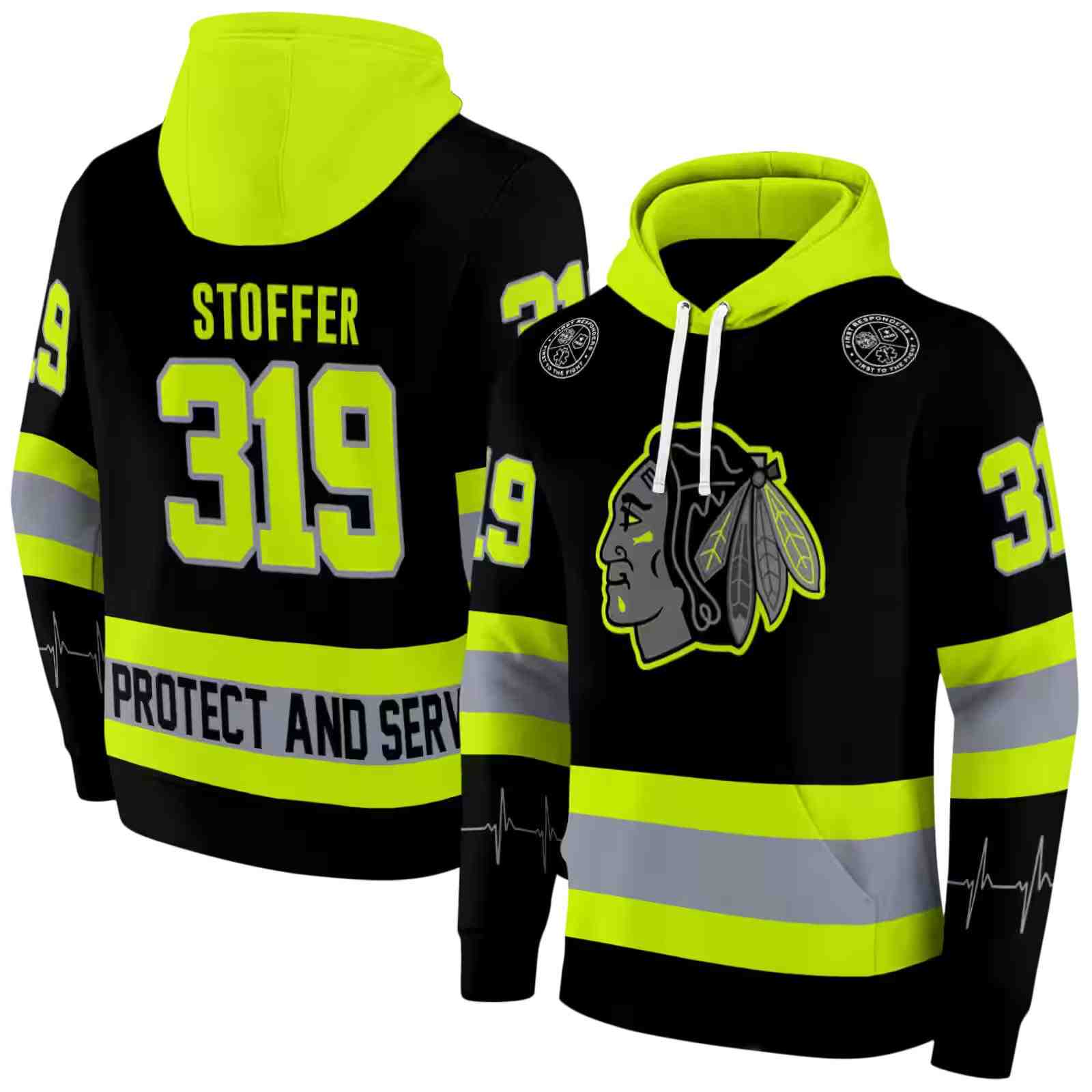 personalized chicago blackhawks safety motif black neon green hoodie fashion forward