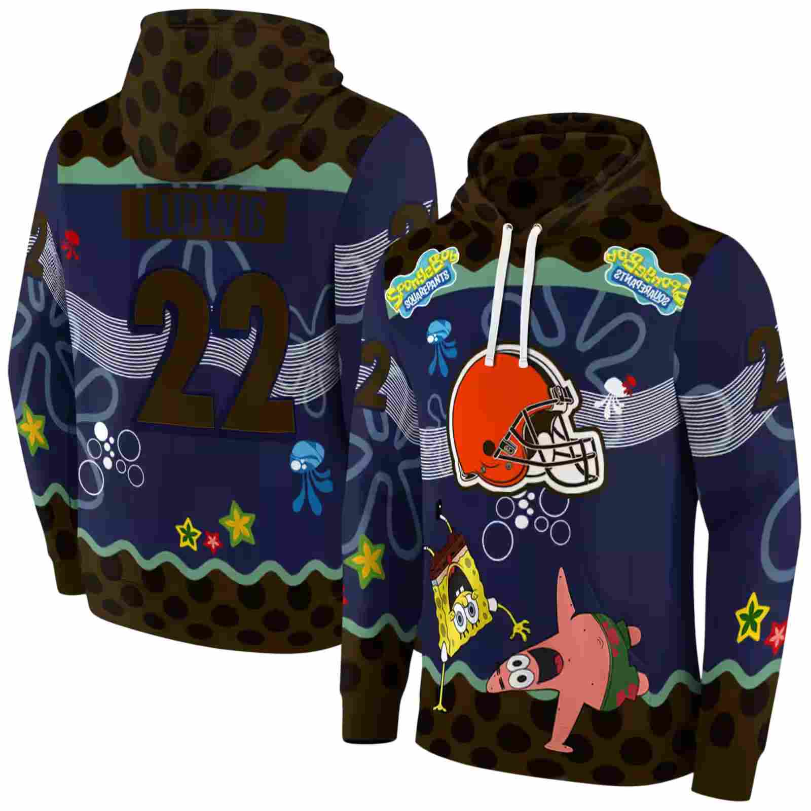 personalized cleveland browns spongebob patrick star brown navy hoodie fashion forward