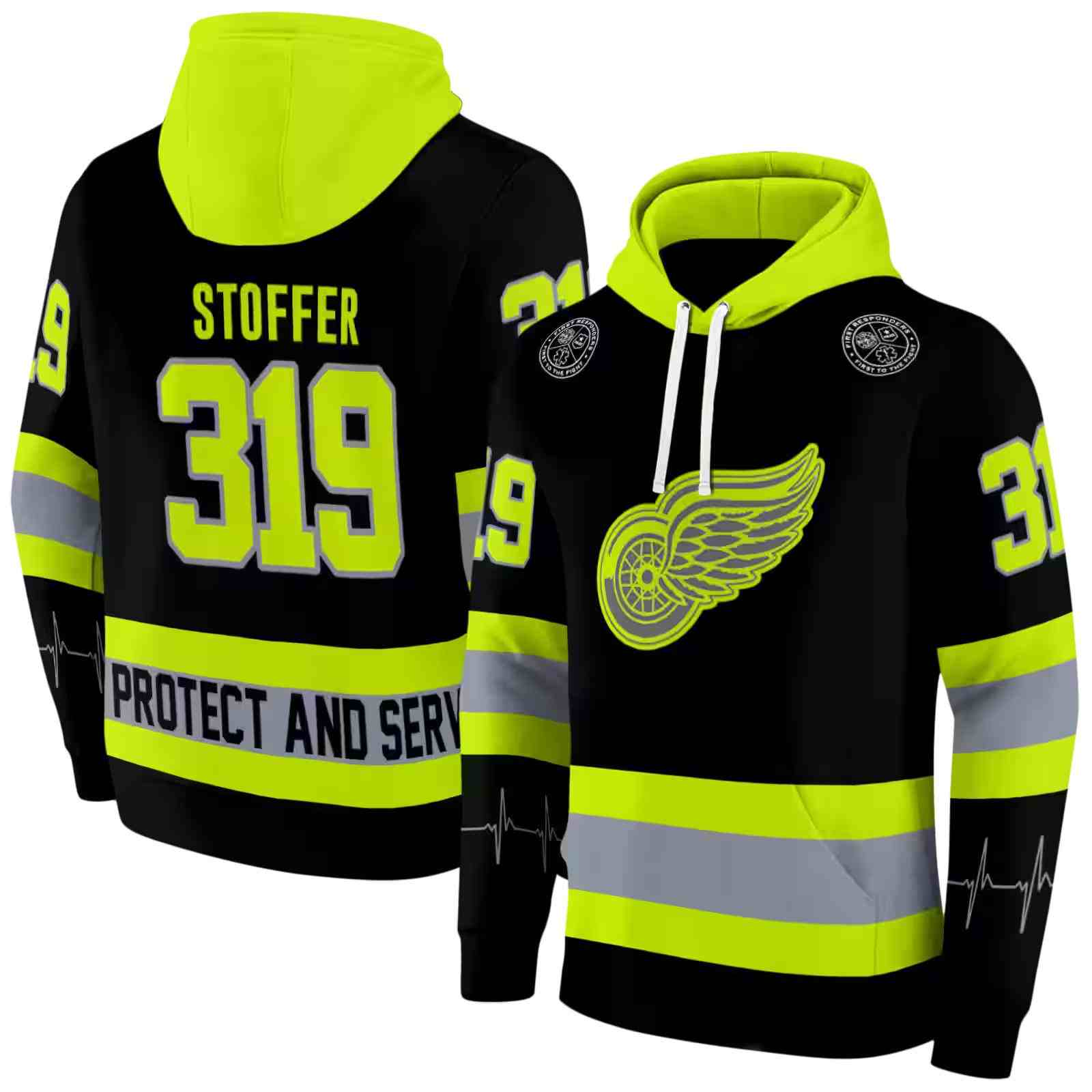 personalized detroit red wings safety motif black neon green hoodie fashion forward