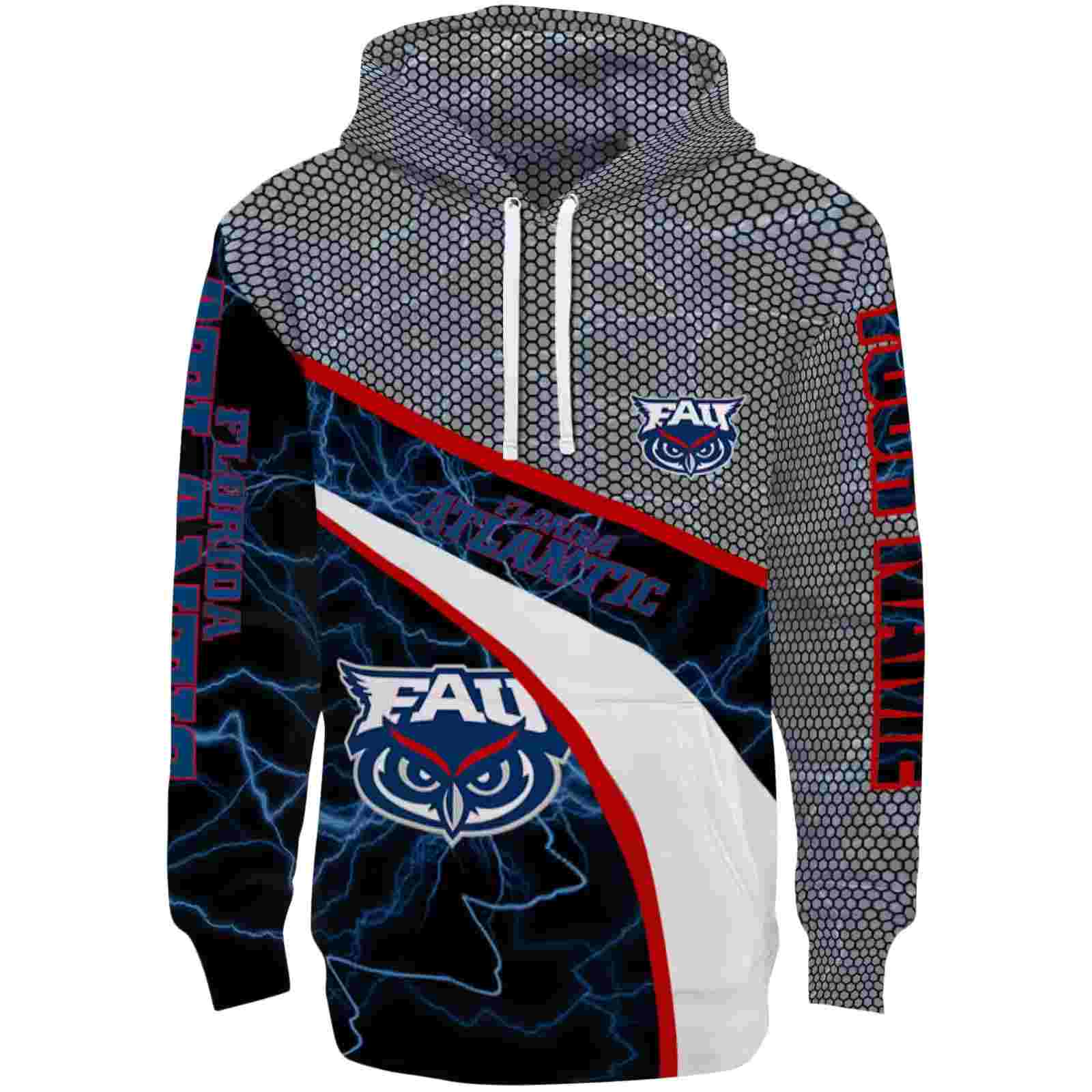 Personalized Florida Atlantic Owls Hexagonal Mesh Blue Black Gray Hoodie