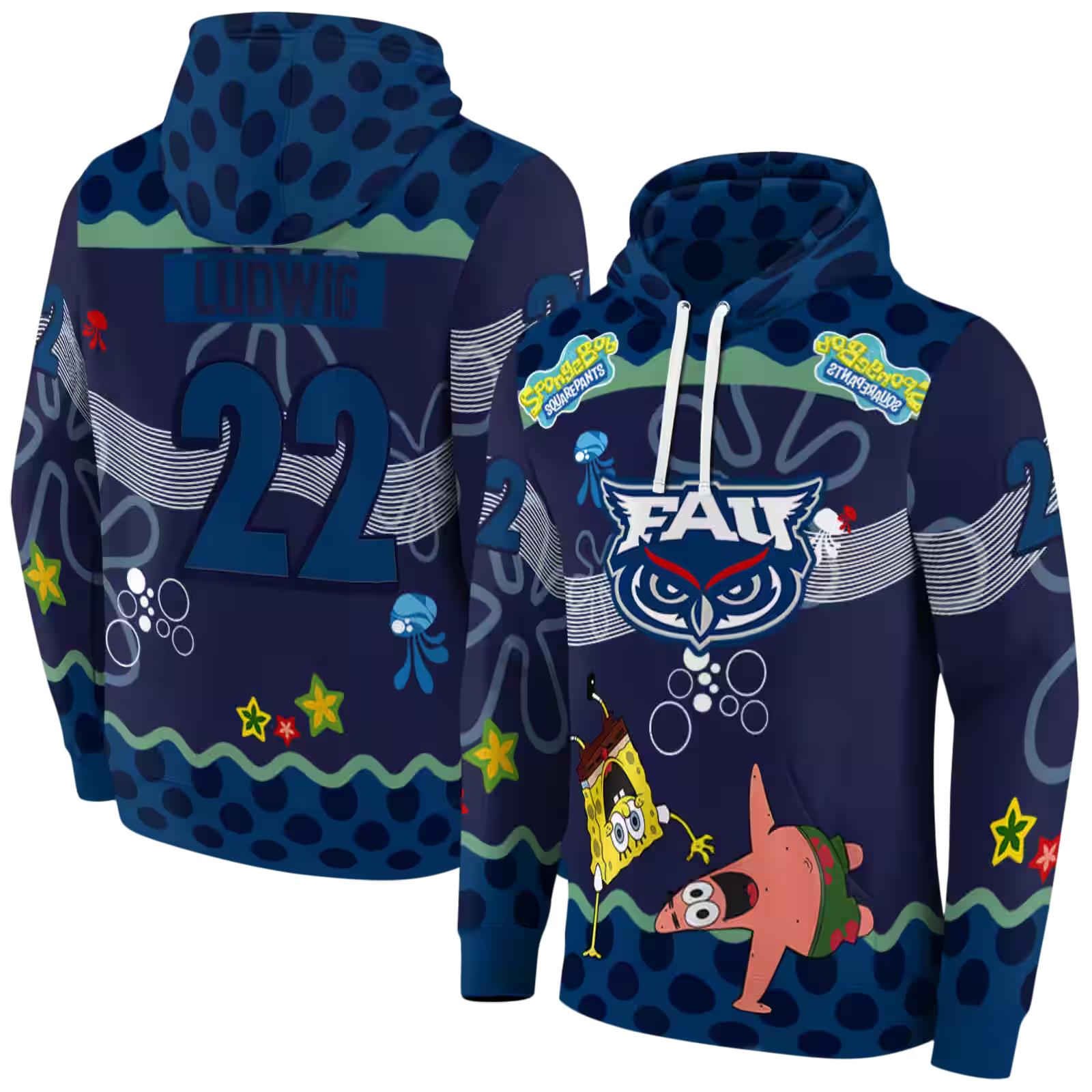 personalized florida atlantic owls spongebob patrick star blue navy hoodie fashion forward