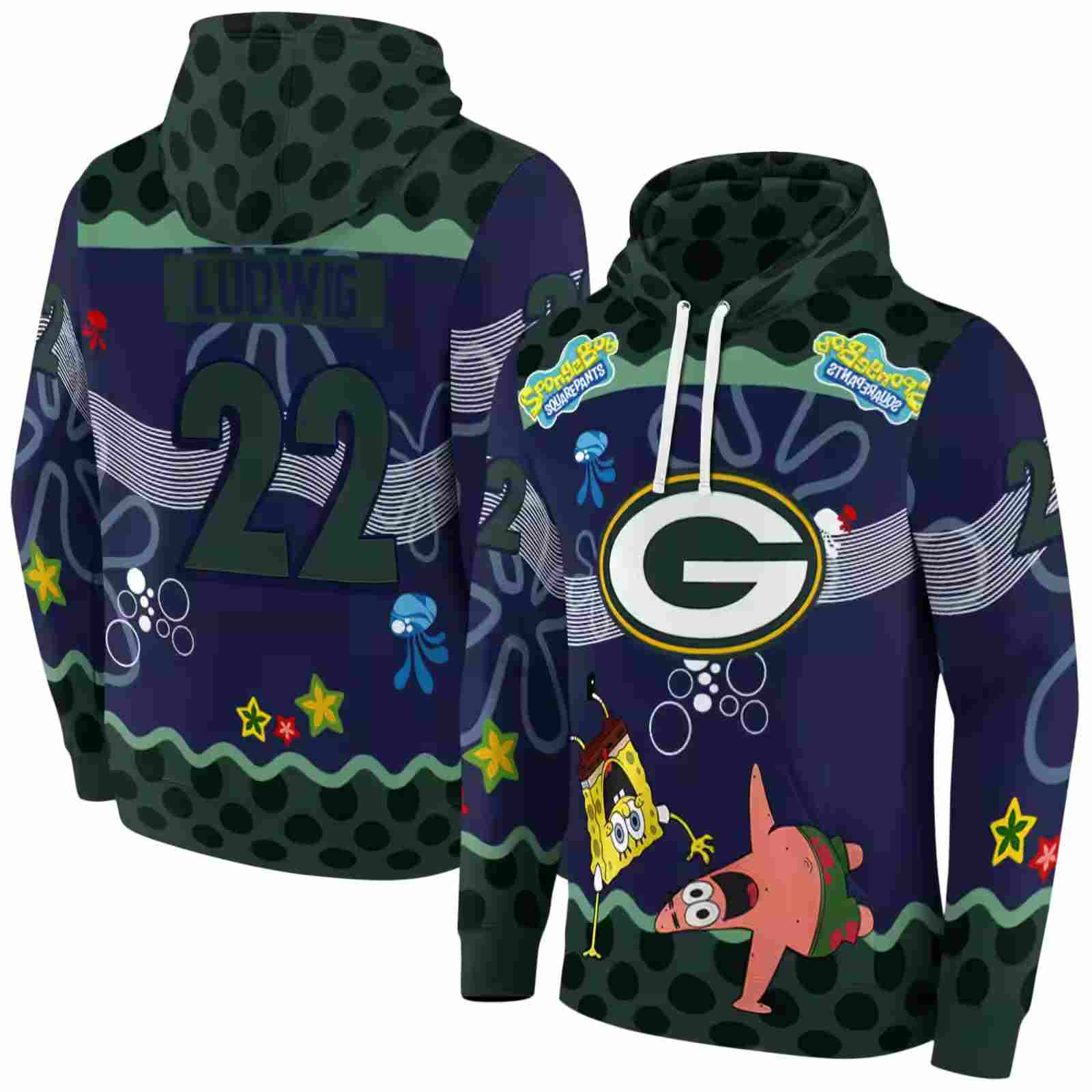 personalized green bay packers spongebob patrick star green navy hoodie fashion forward