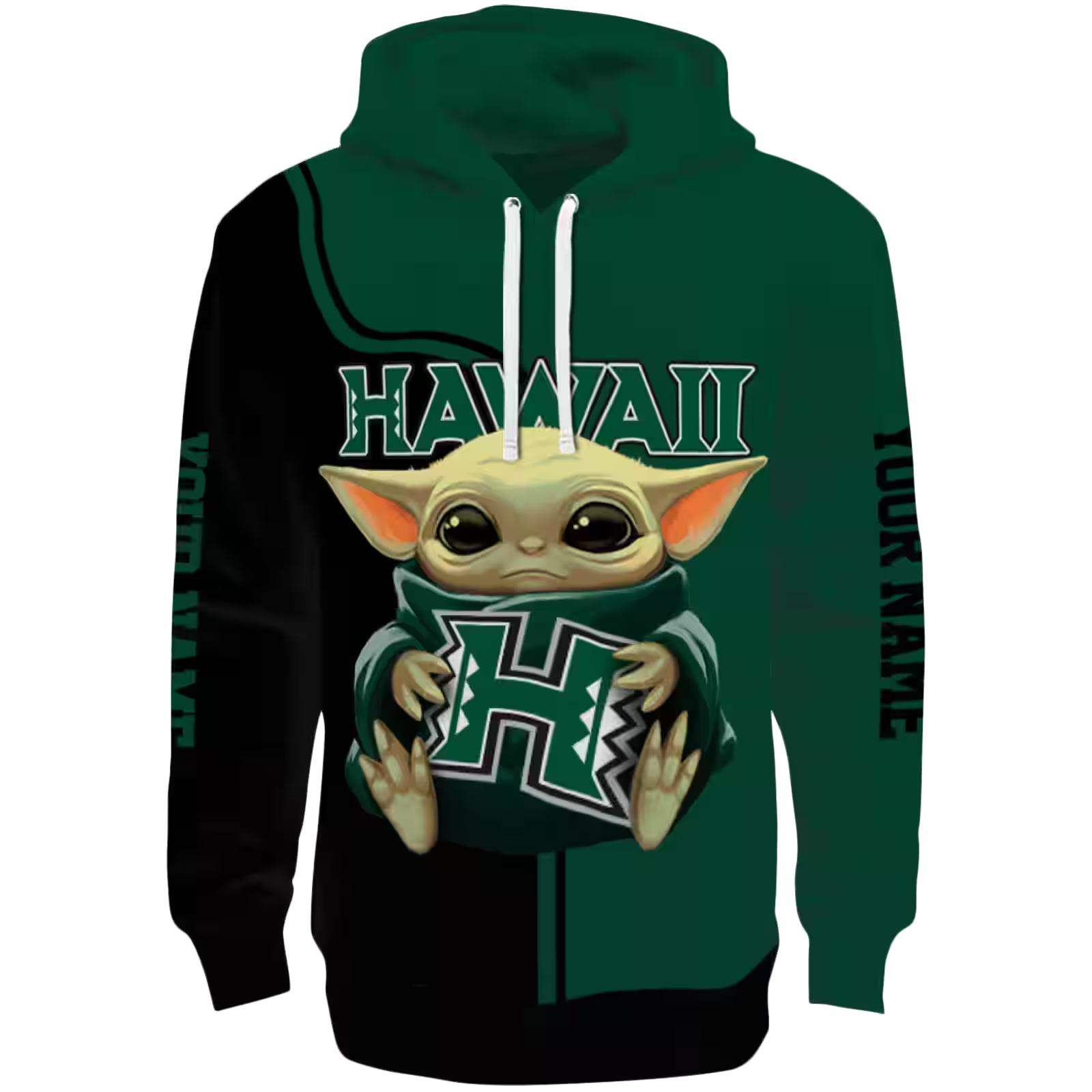 Personalized Hawaii Rainbow Warriors Baby Yoda Green Black Hoodie