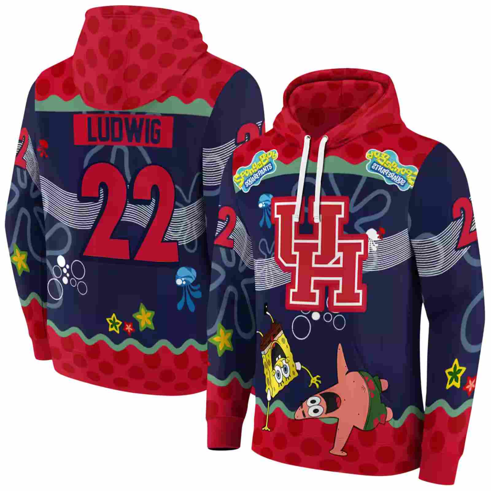 personalized houston cougars spongebob patrick star red navy hoodie fashion forward