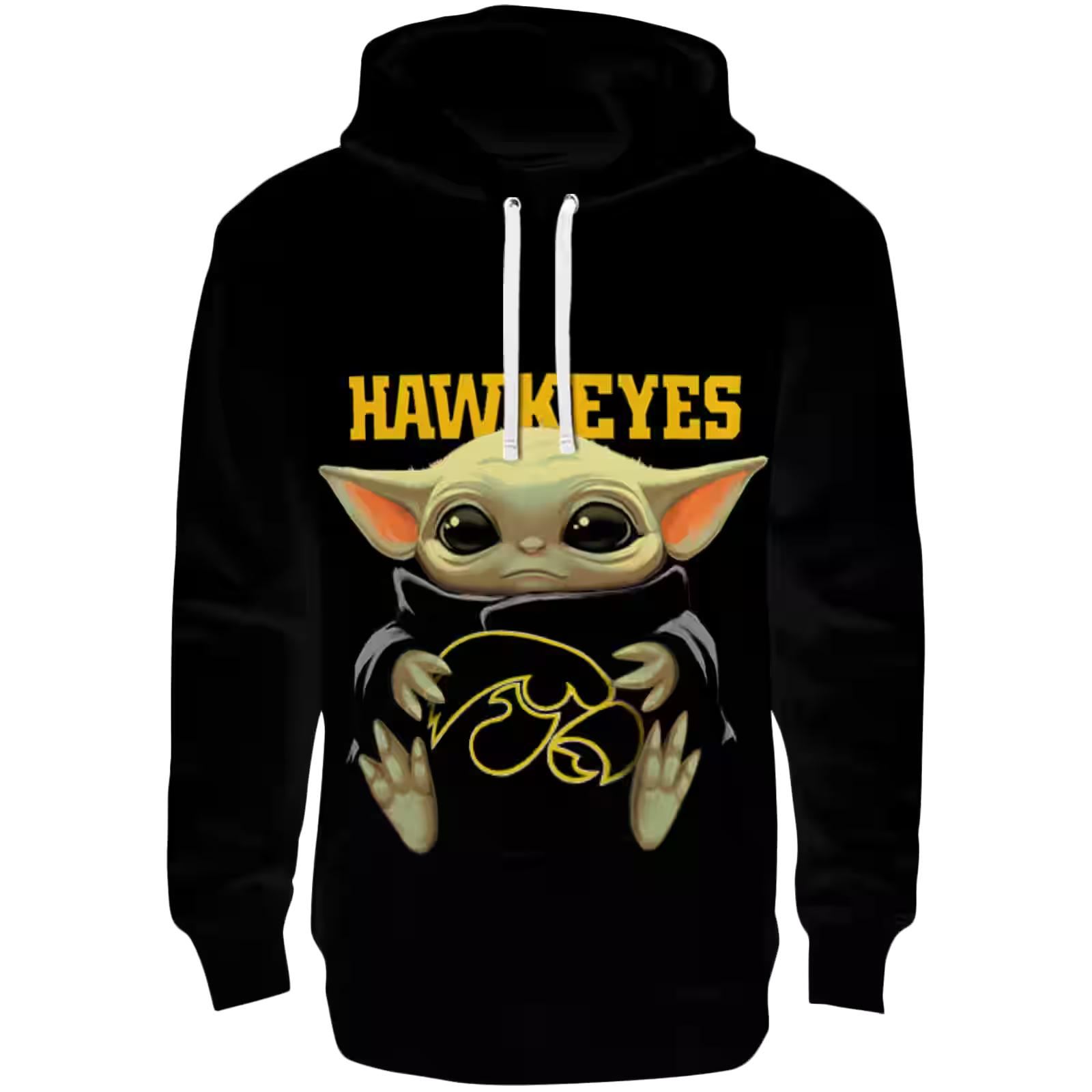 Personalized Iowa Hawkeyes Baby Yoda Black Hoodie