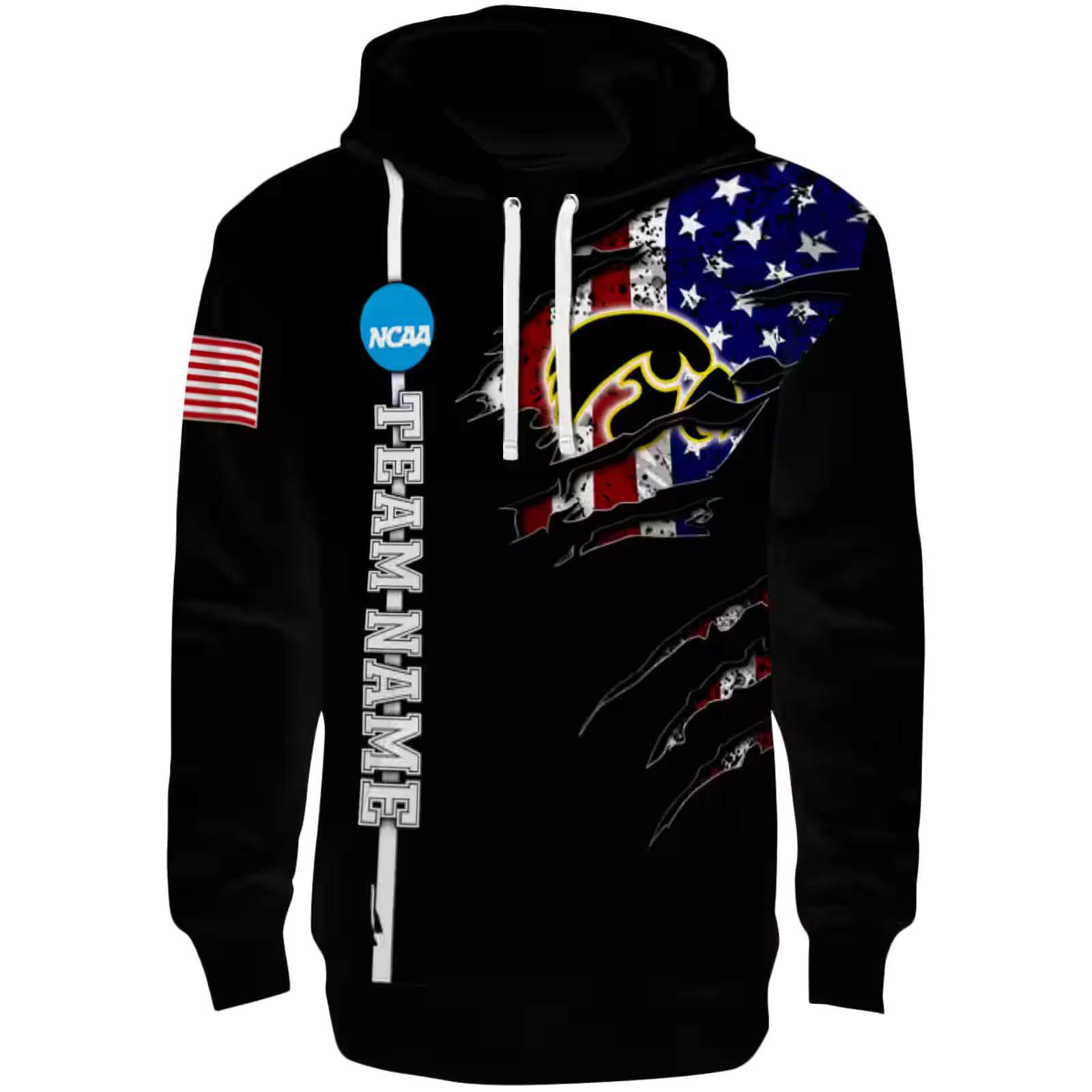 Personalized Iowa Hawkeyes Ripped Flag Black Hoodie