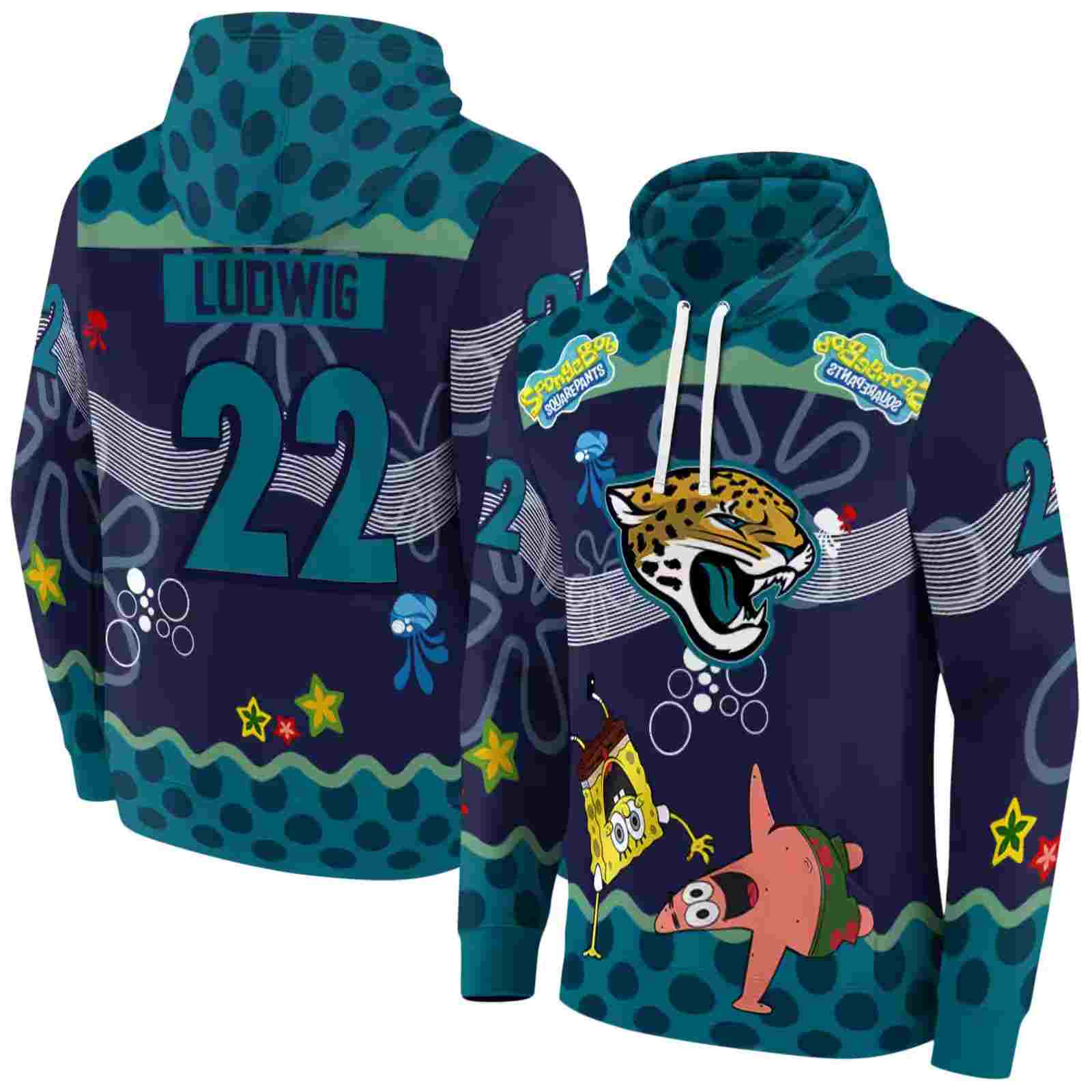 personalized jacksonville jaguars spongebob patrick star teal navy hoodie fashion forward