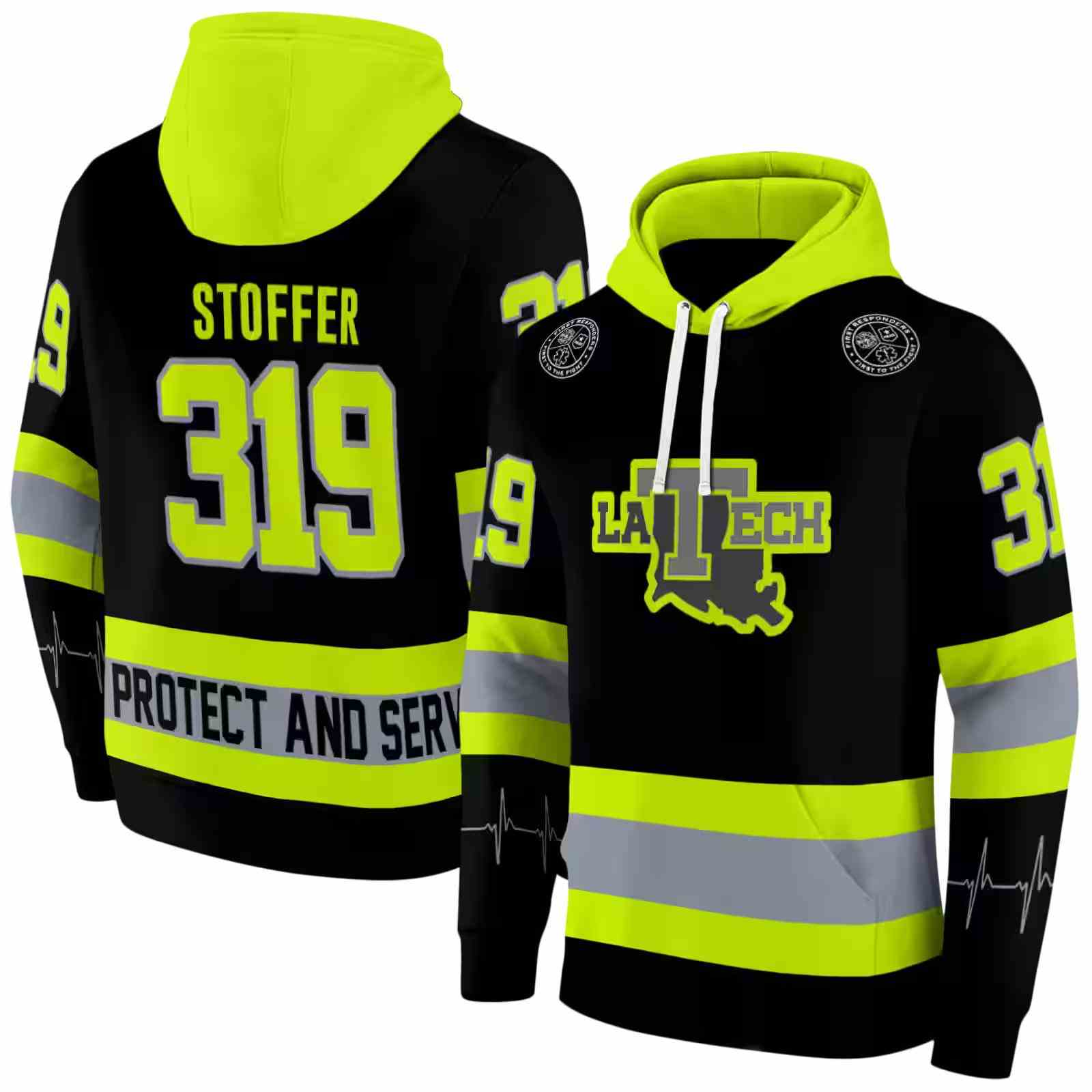 personalized la tech safety motif black neon green hoodie fashion forward