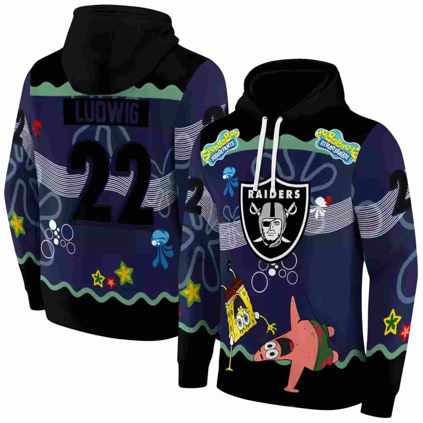 personalized las vegas raiders spongebob patrick star black navy hoodie fashion forward