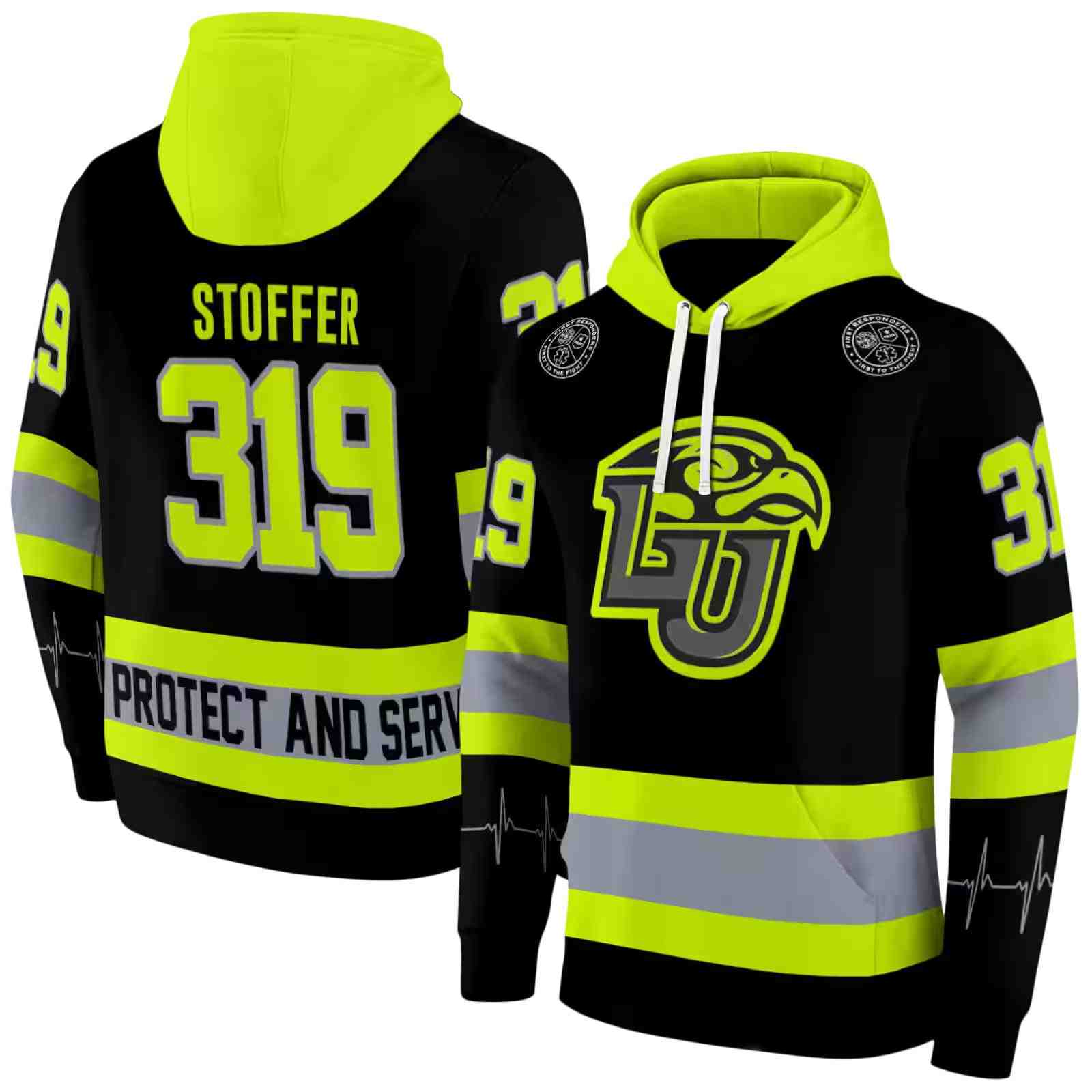 personalized liberty flames safety motif black neon green hoodie fashion forward