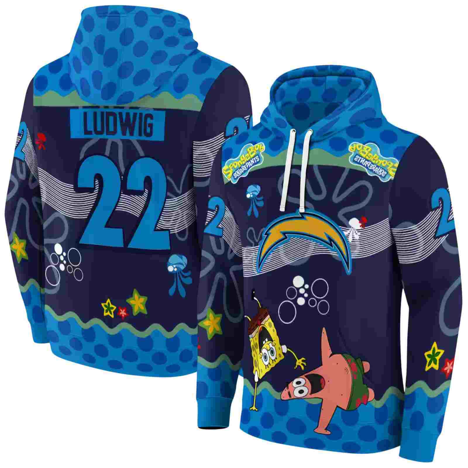 personalized los angeles chargers spongebob patrick star blue navy hoodie fashion forward