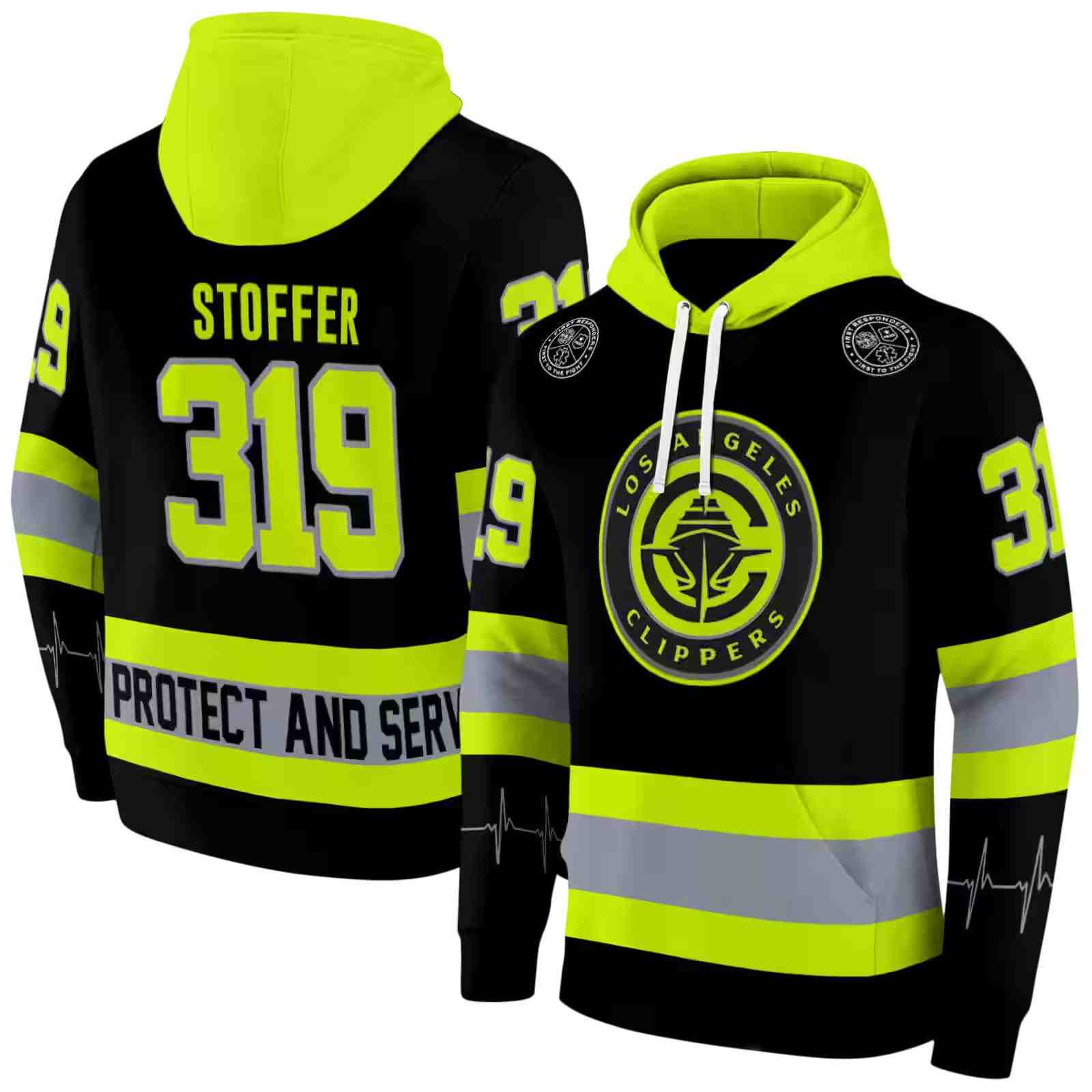 personalized los angeles clippers safety motif black neon green hoodie fashion forward