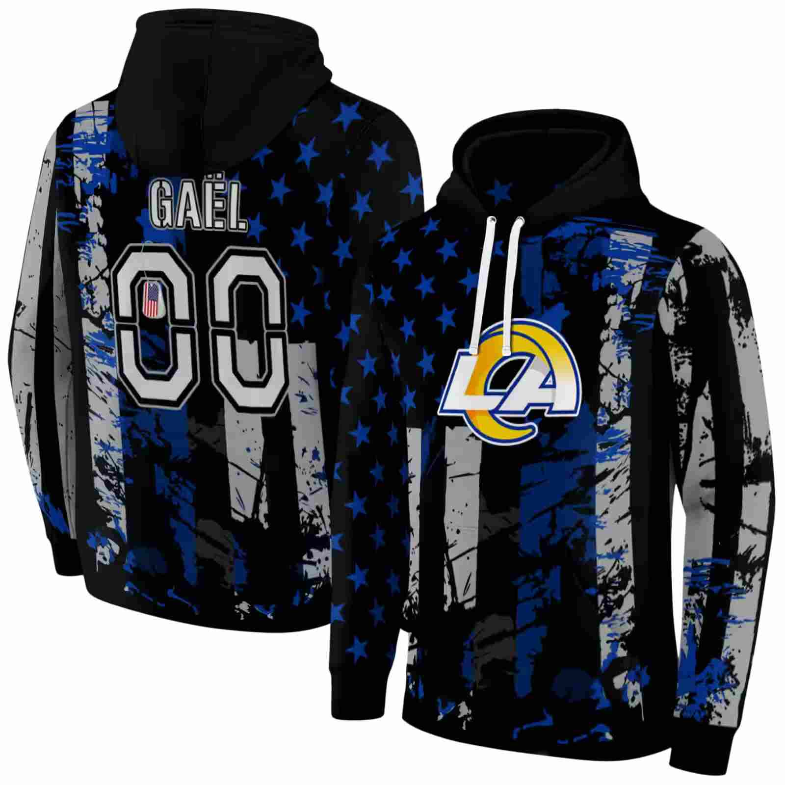 personalized los angeles rams distressed flag blue black hoodie fashion forward