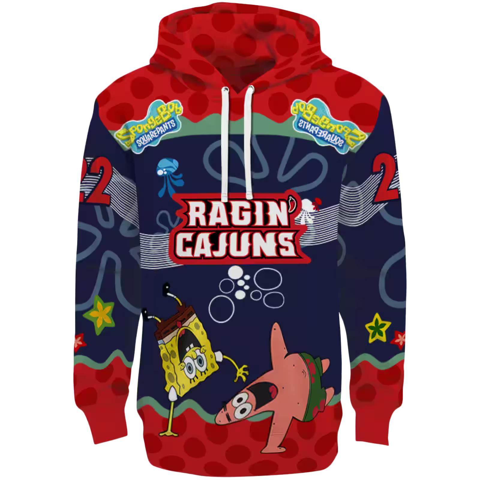Personalized Louisiana Ragin’ Cajuns Spongebob Patrick Star Red Navy Hoodie