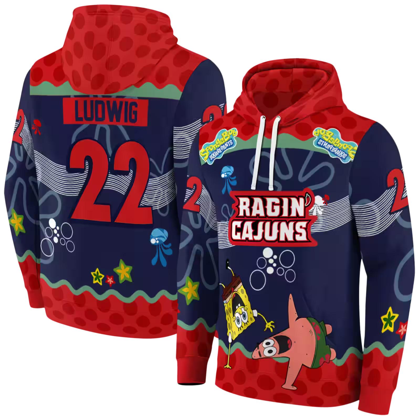 personalized louisiana ragin cajuns spongebob patrick star red navy hoodie fashion forward