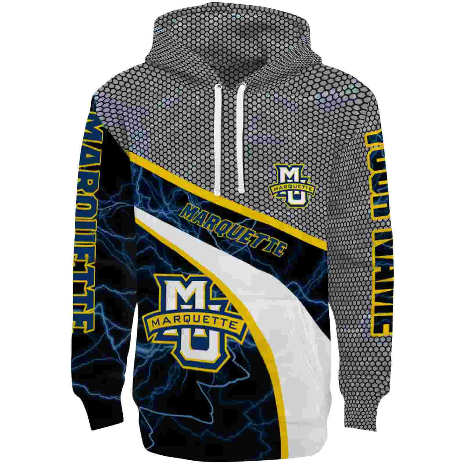 Personalized Marquette Golden Eagles Hexagonal Mesh Blue Black Gray Hoodie