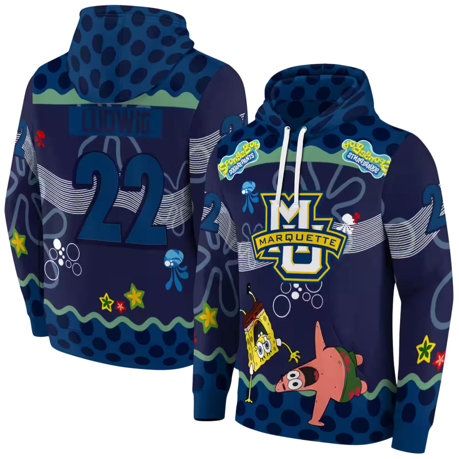 personalized marquette golden eagles spongebob patrick star blue navy hoodie fashion forward