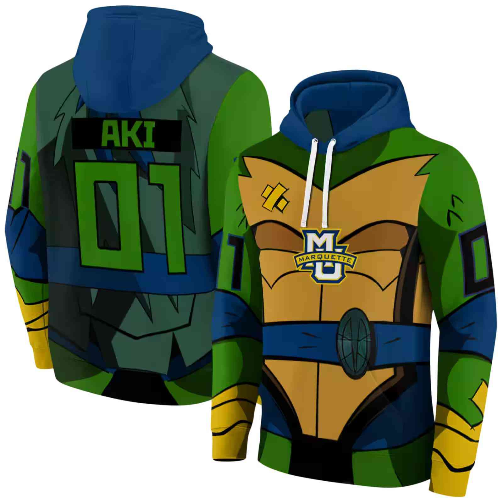 personalized marquette golden eagles superhero armor blue green hoodie fashion forward