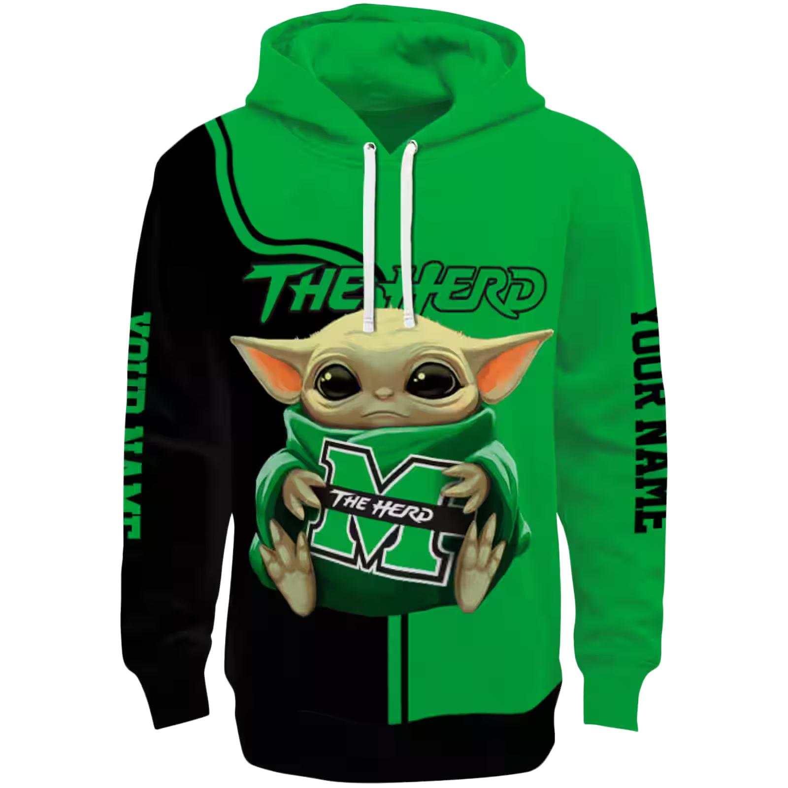 Personalized Marshall Thundering Herd Baby Yoda Green Black Hoodie
