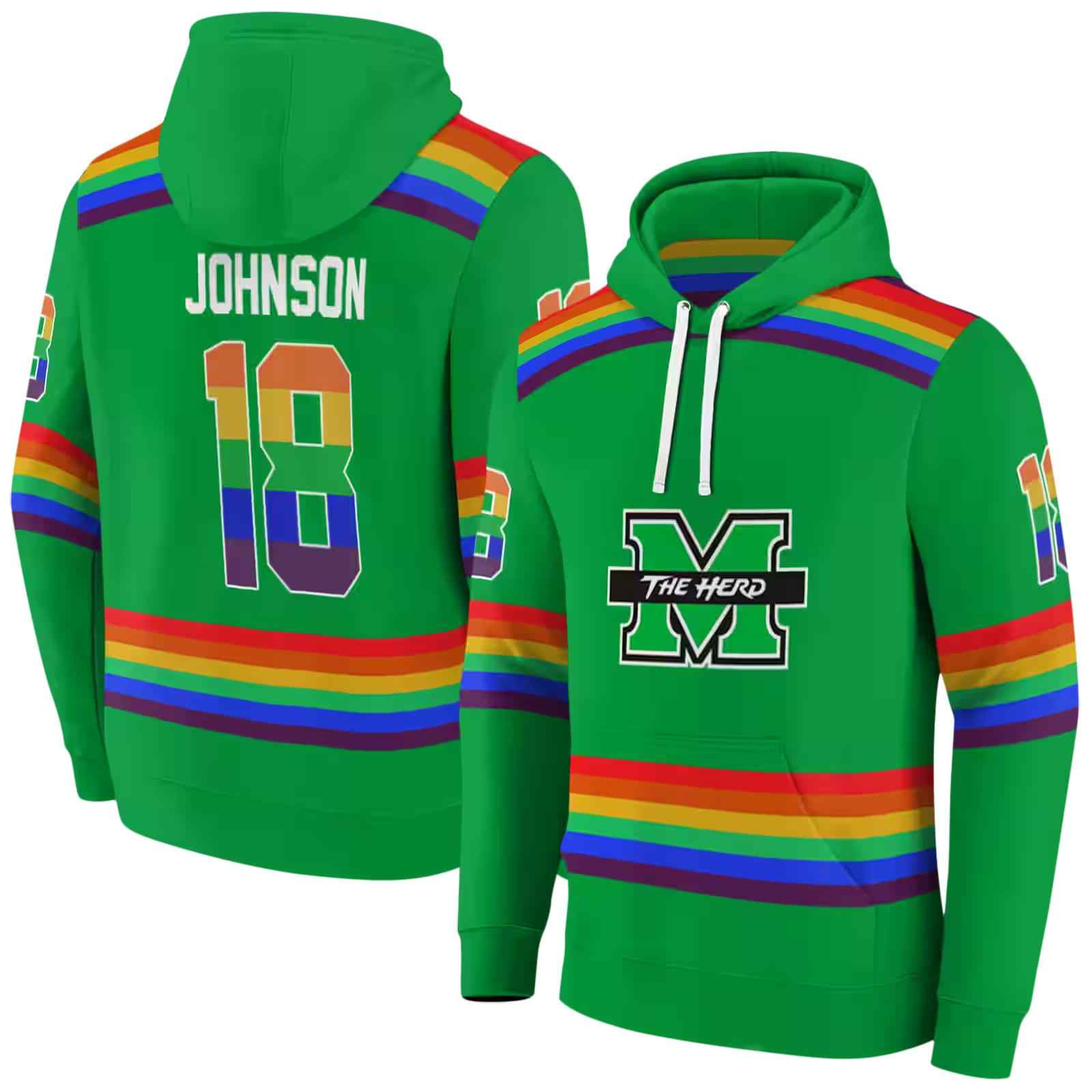 personalized marshall thundering herd rainbow stripes green hoodie fashion forward