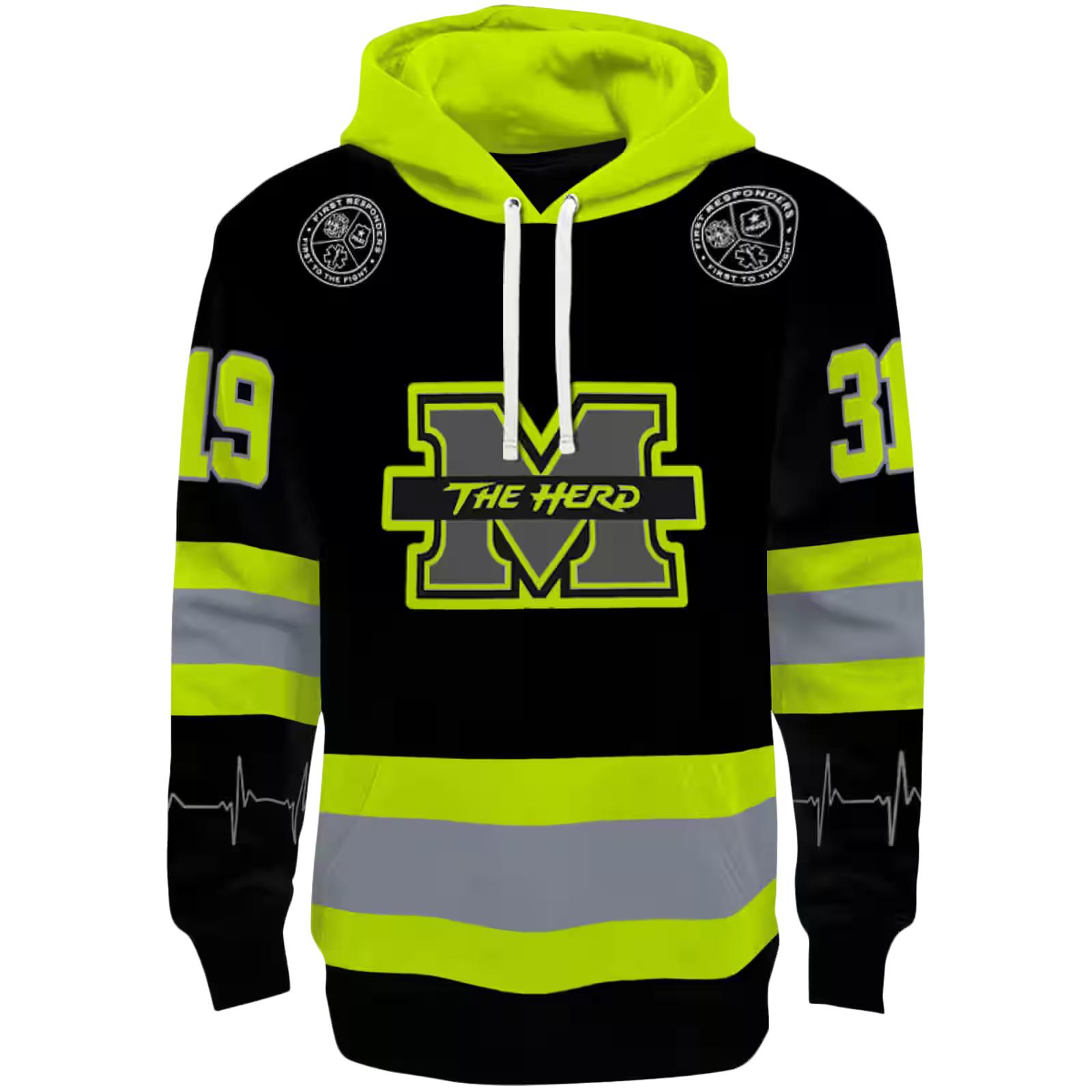 Personalized Marshall Thundering Herd Safety Motif Black Neon Green Hoodie