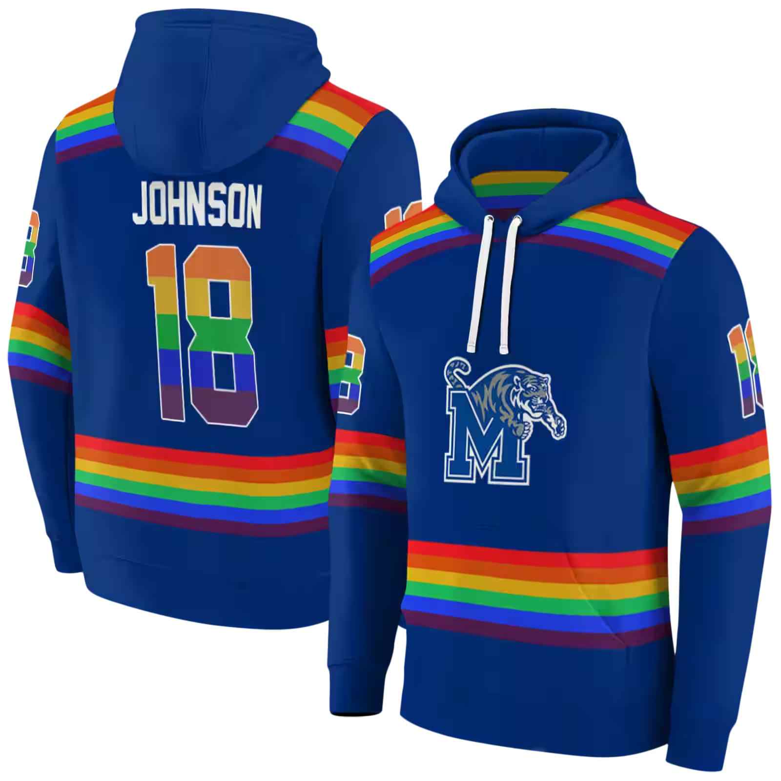 personalized memphis tigers rainbow stripes blue hoodie fashion forward