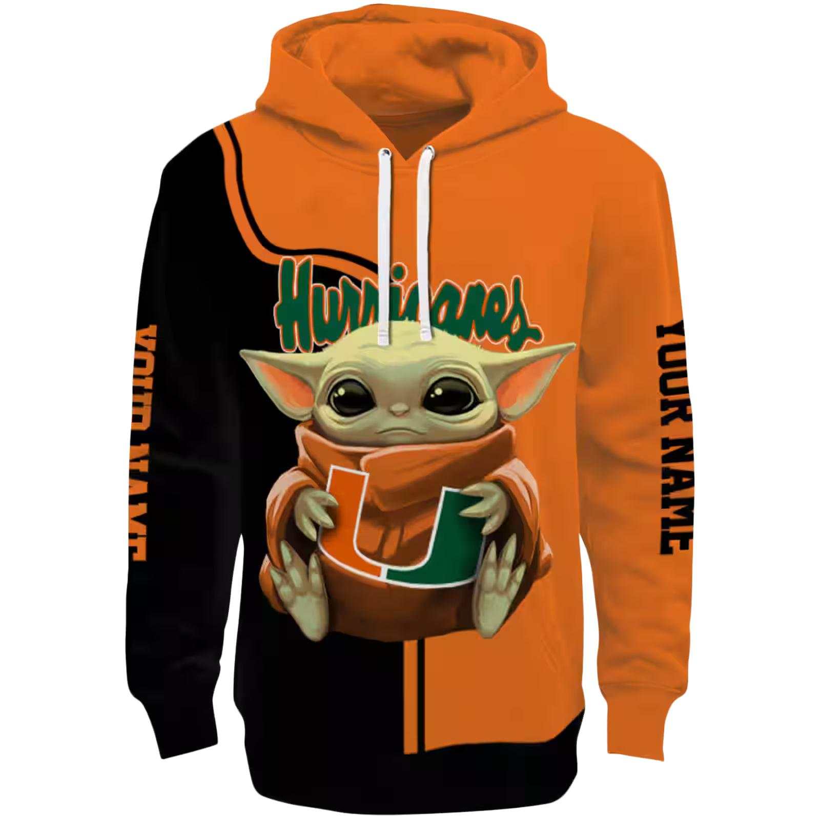 Personalized Miami Hurricanes Baby Yoda Orange Black Hoodie