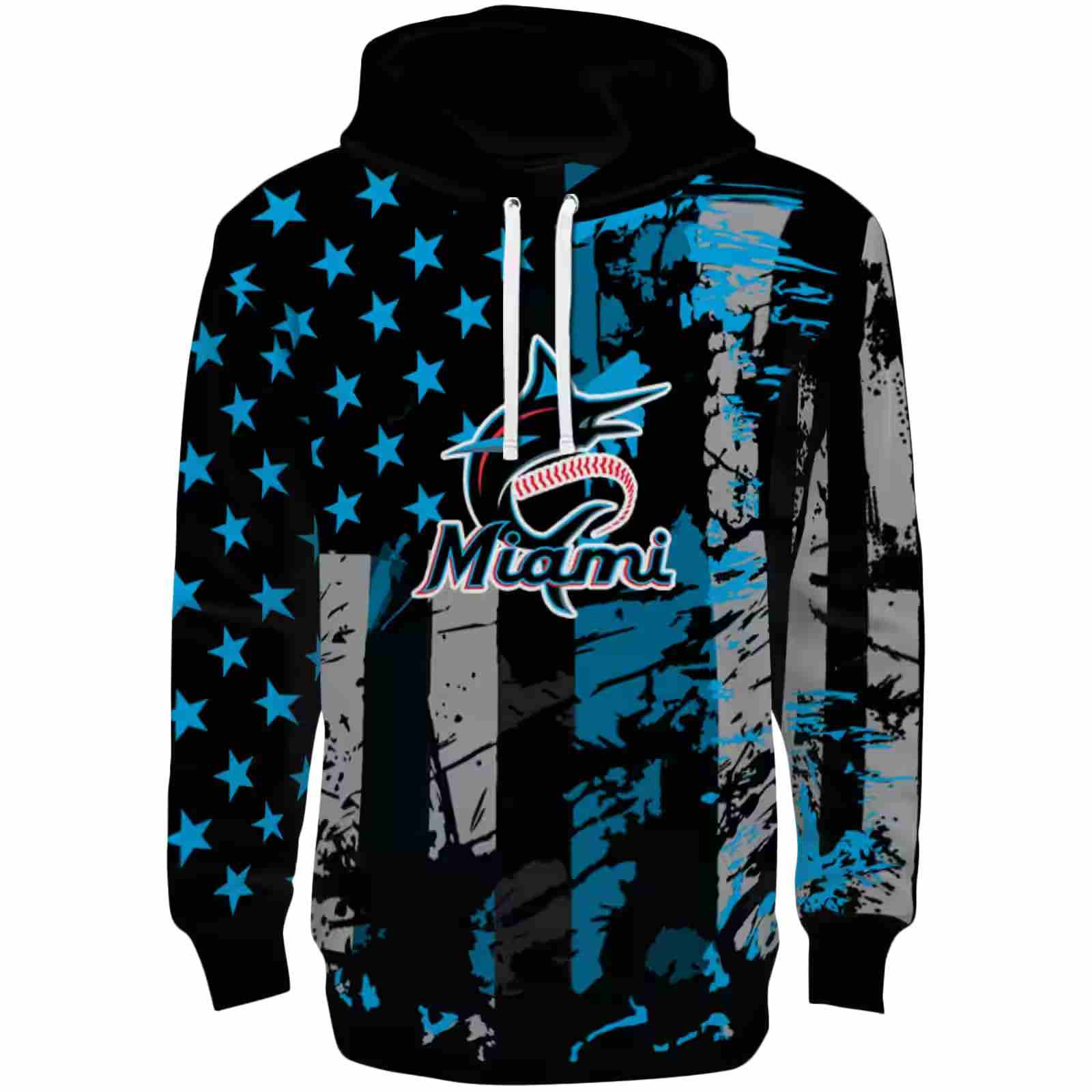 Personalized Miami Marlins Distressed Flag Blue Black Hoodie