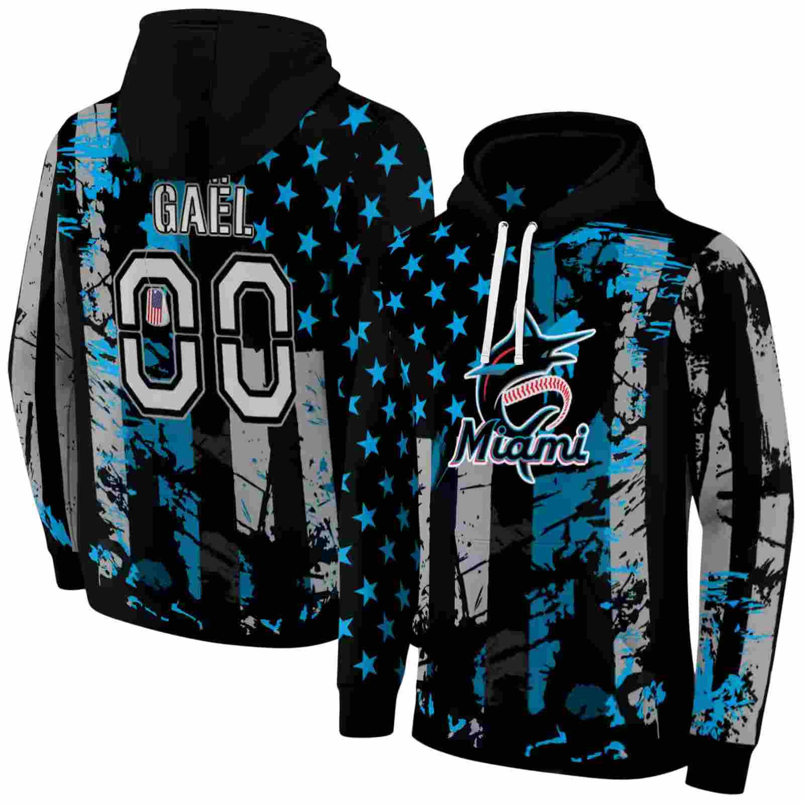 personalized miami marlins distressed flag blue black hoodie fashion forward