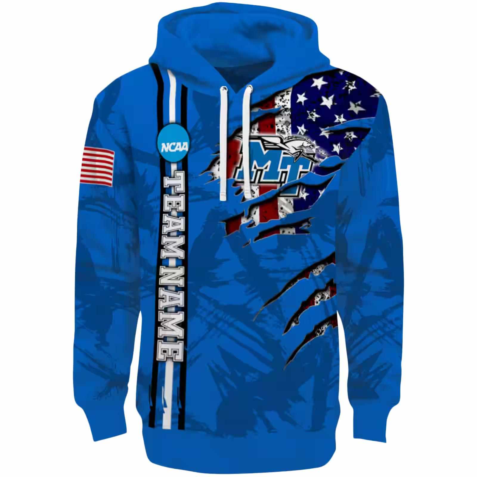 Personalized Middle Tennessee Blue Raiders Ripped Flag Blue Hoodie