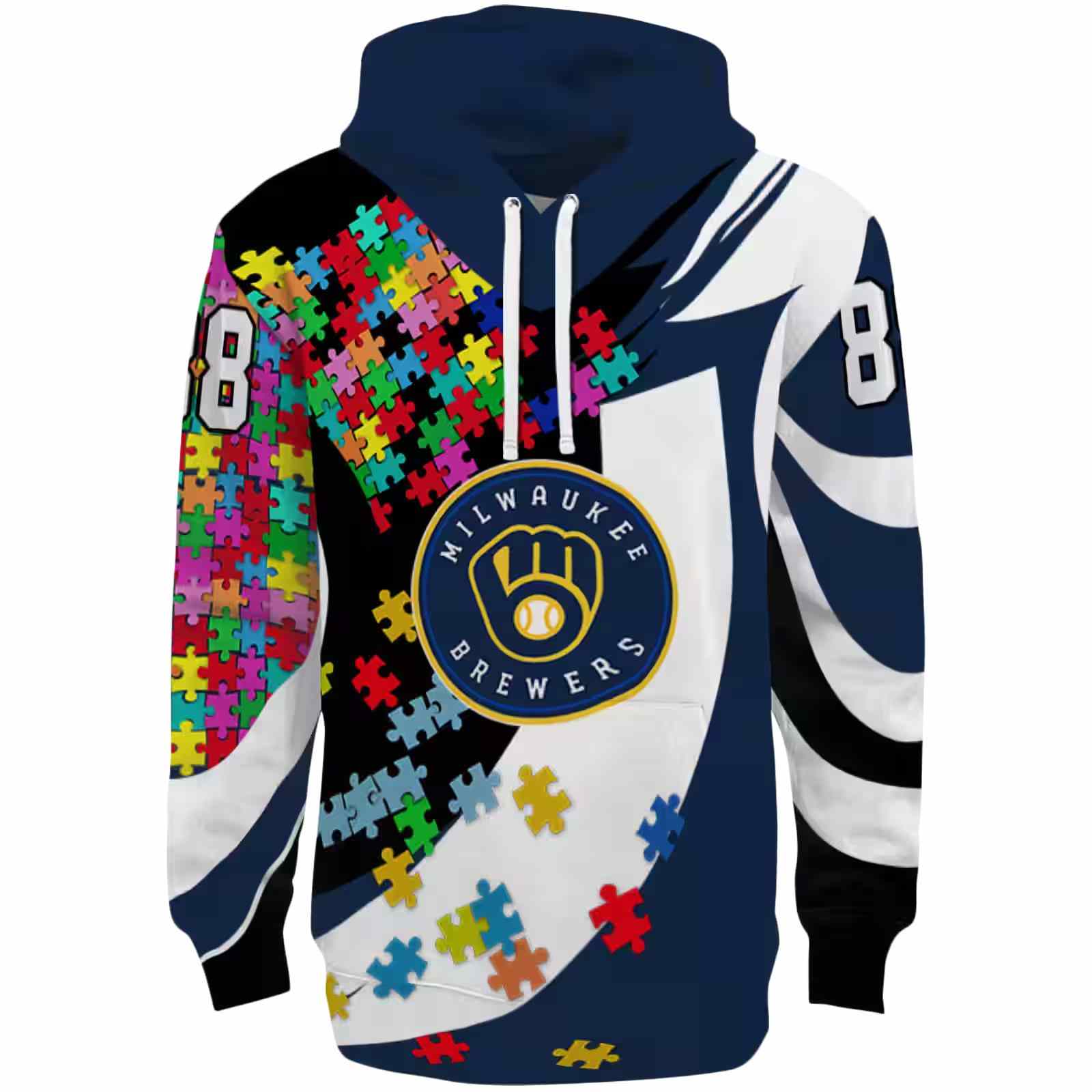 Personalized Milwaukee Brewers Puzzle Pieces Navy Blue Hoodie