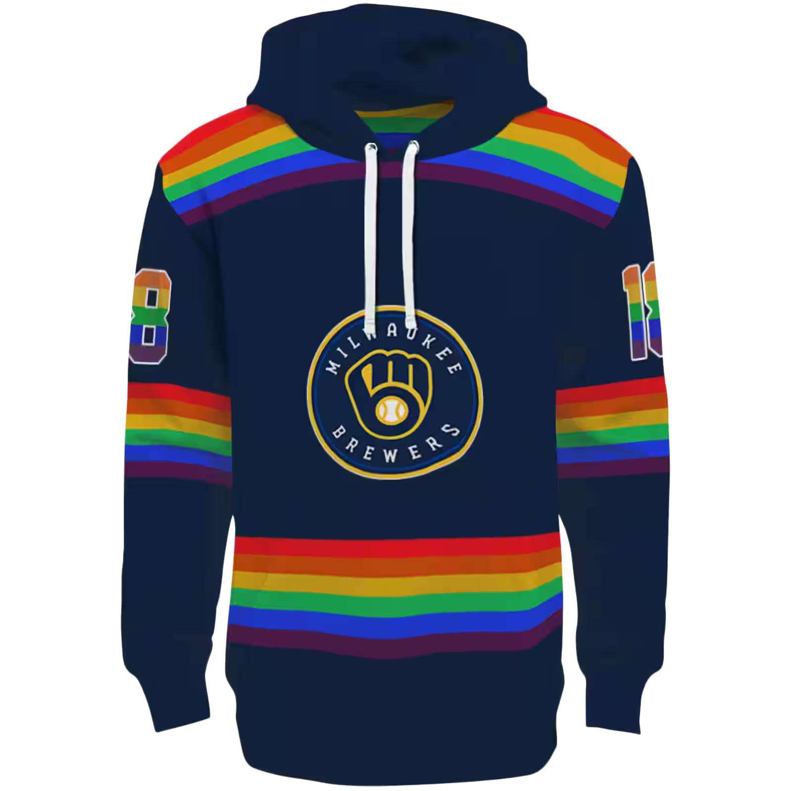 Personalized Milwaukee Brewers Rainbow Stripes Navy Blue Hoodie