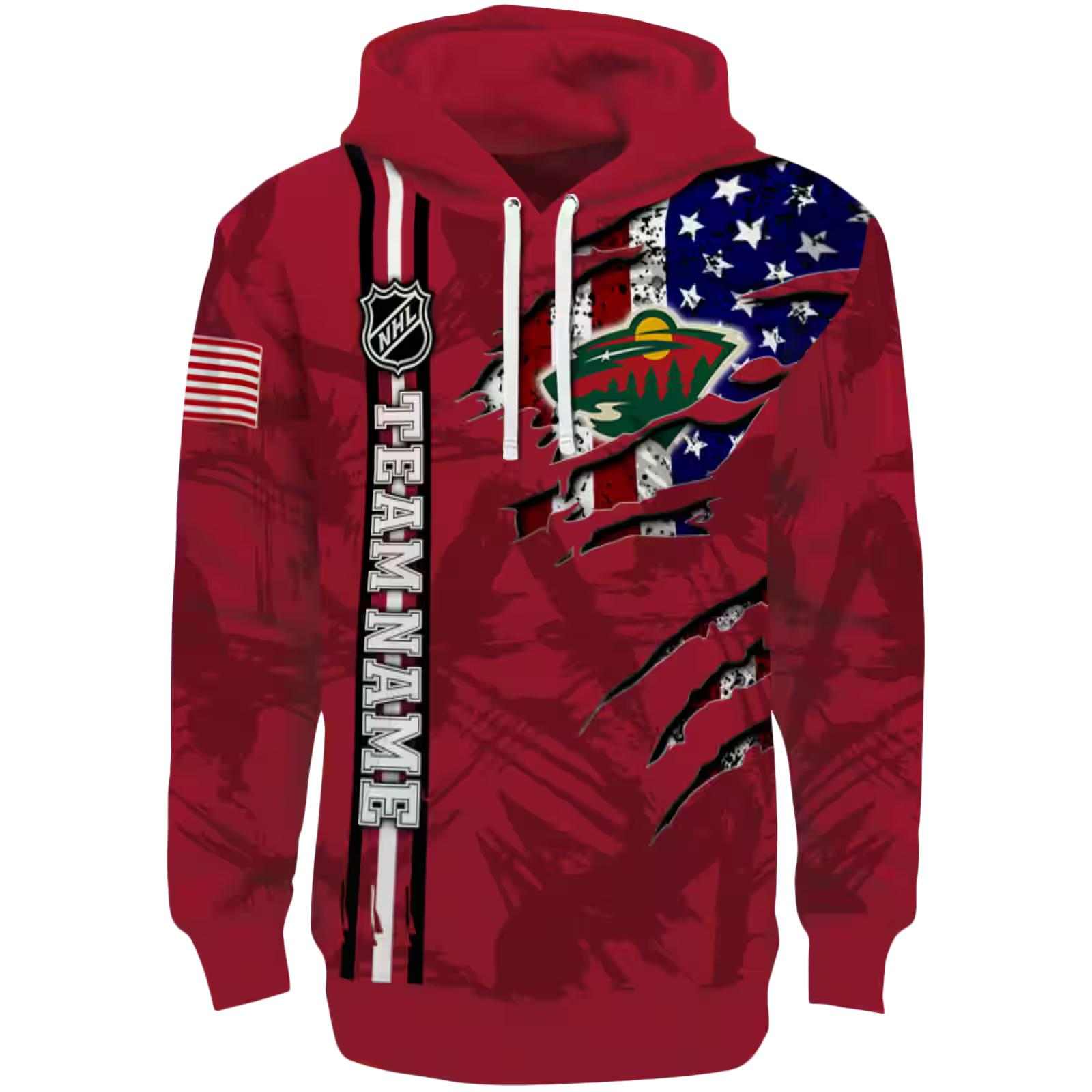 Personalized Minnesota Wild Ripped Flag Red Hoodie