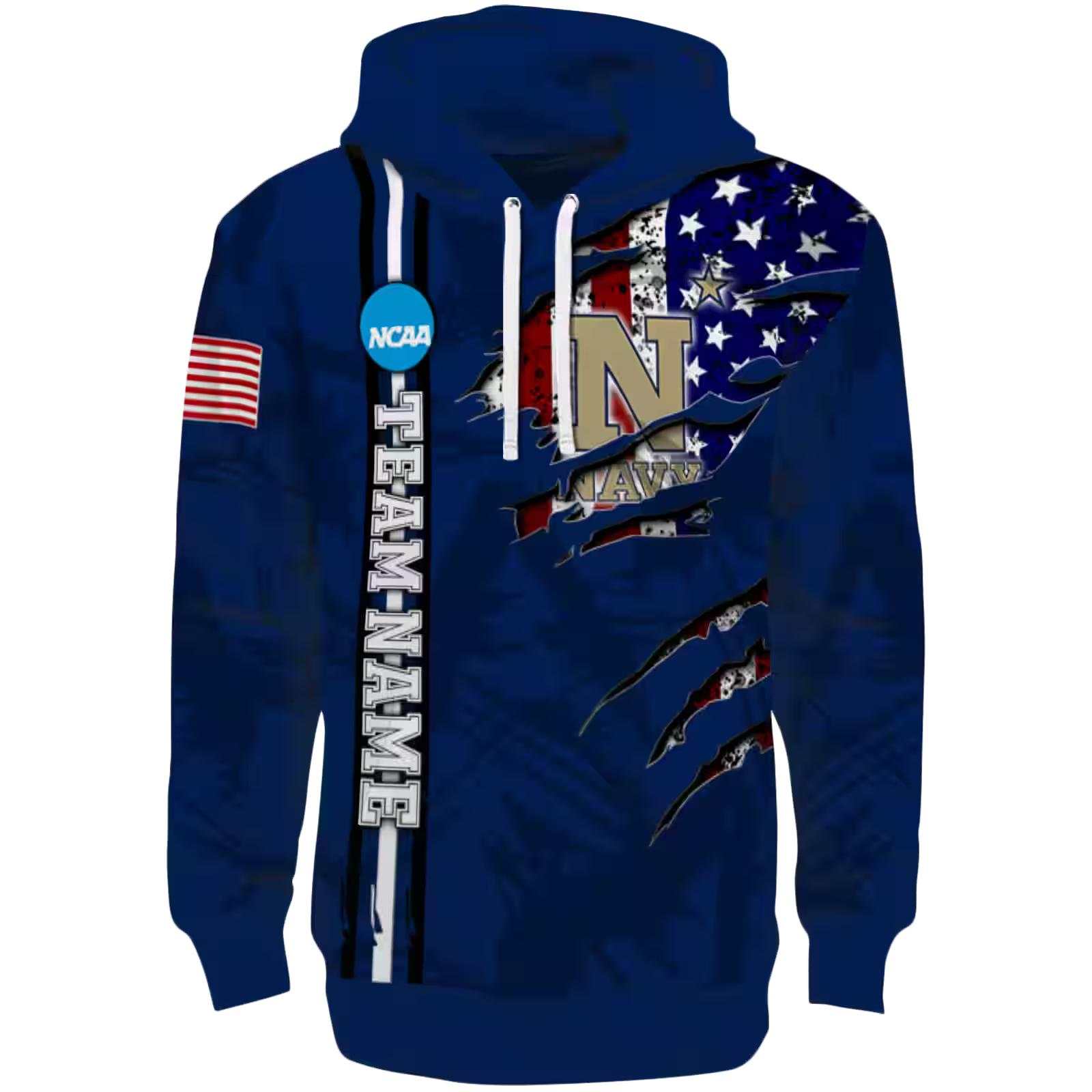 Personalized Navy Midshipmen Ripped Flag Blue Hoodie