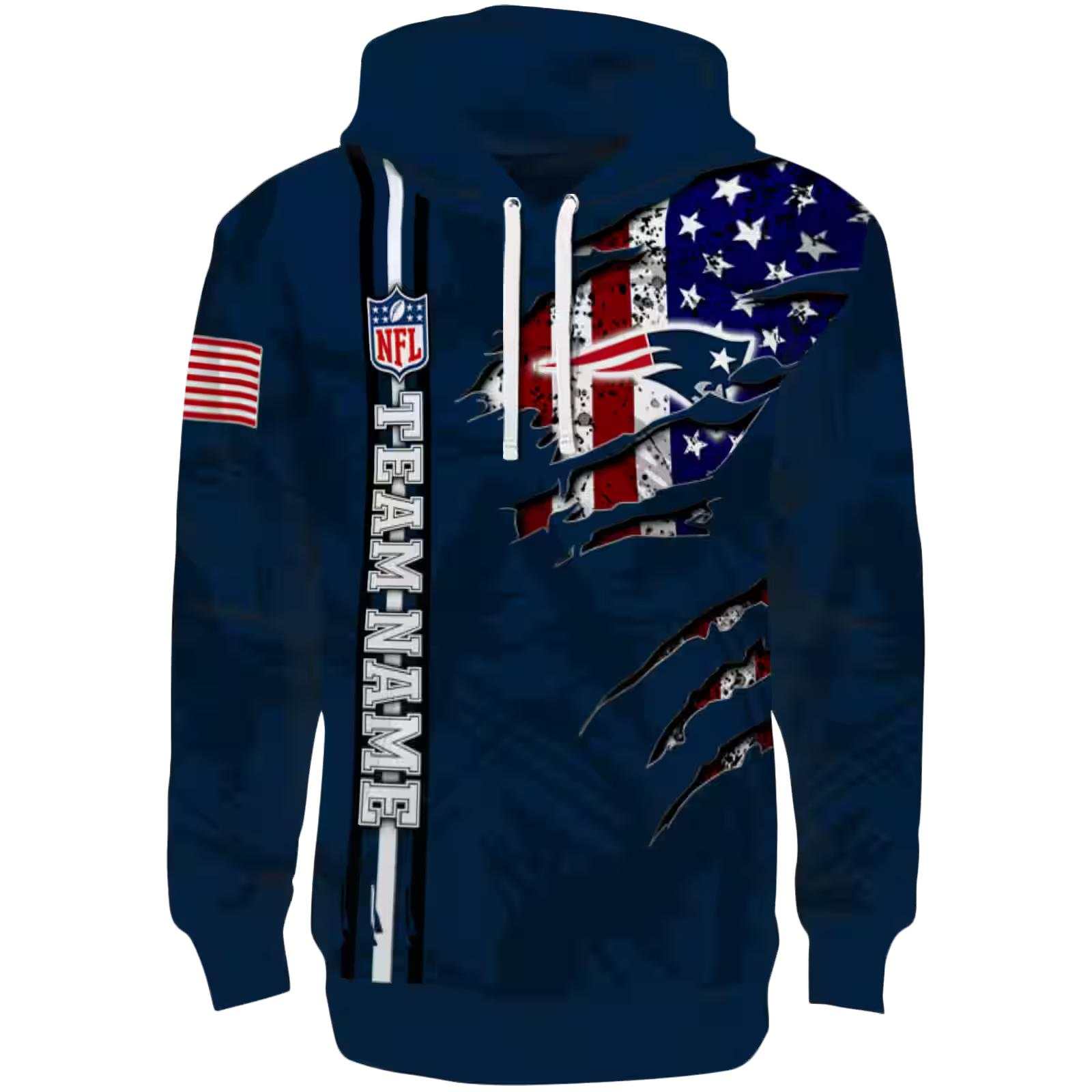 Personalized New England Patriots Ripped Flag Blue Hoodie