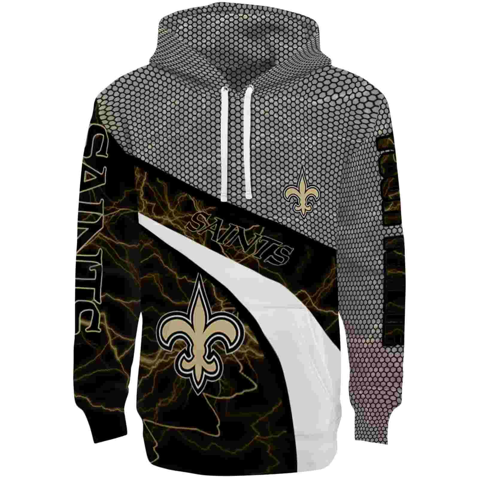 Personalized New Orleans Saints Hexagonal Mesh Gold Black Gray Hoodie