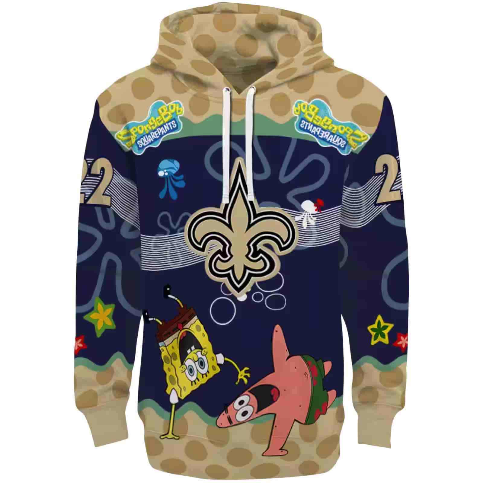 Personalized New Orleans Saints Spongebob Patrick Star Gold Navy Hoodie