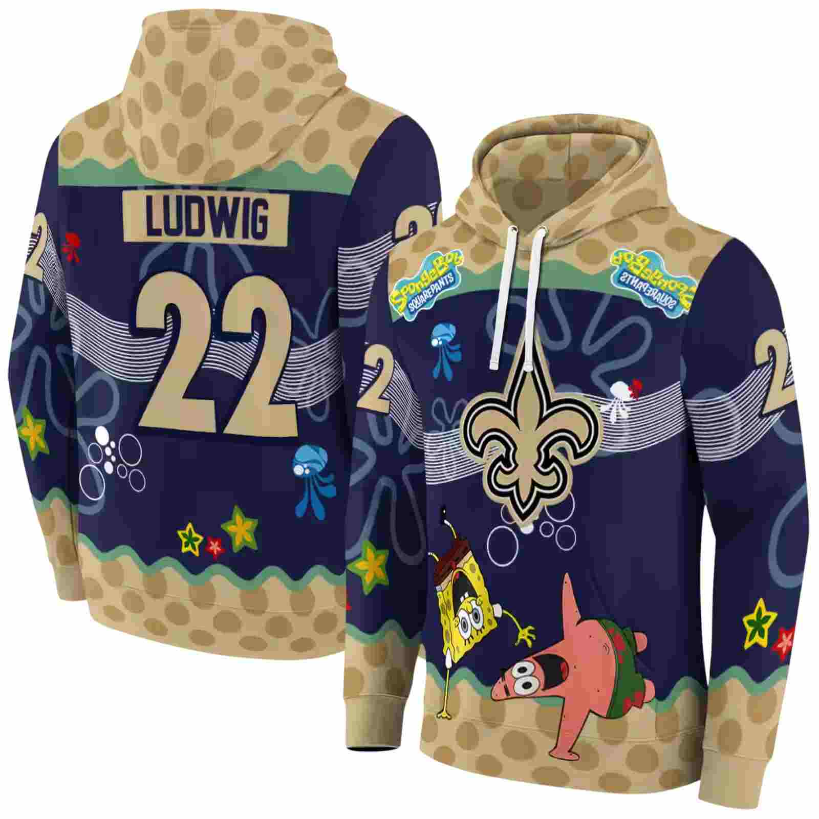 personalized new orleans saints spongebob patrick star gold navy hoodie fashion forward