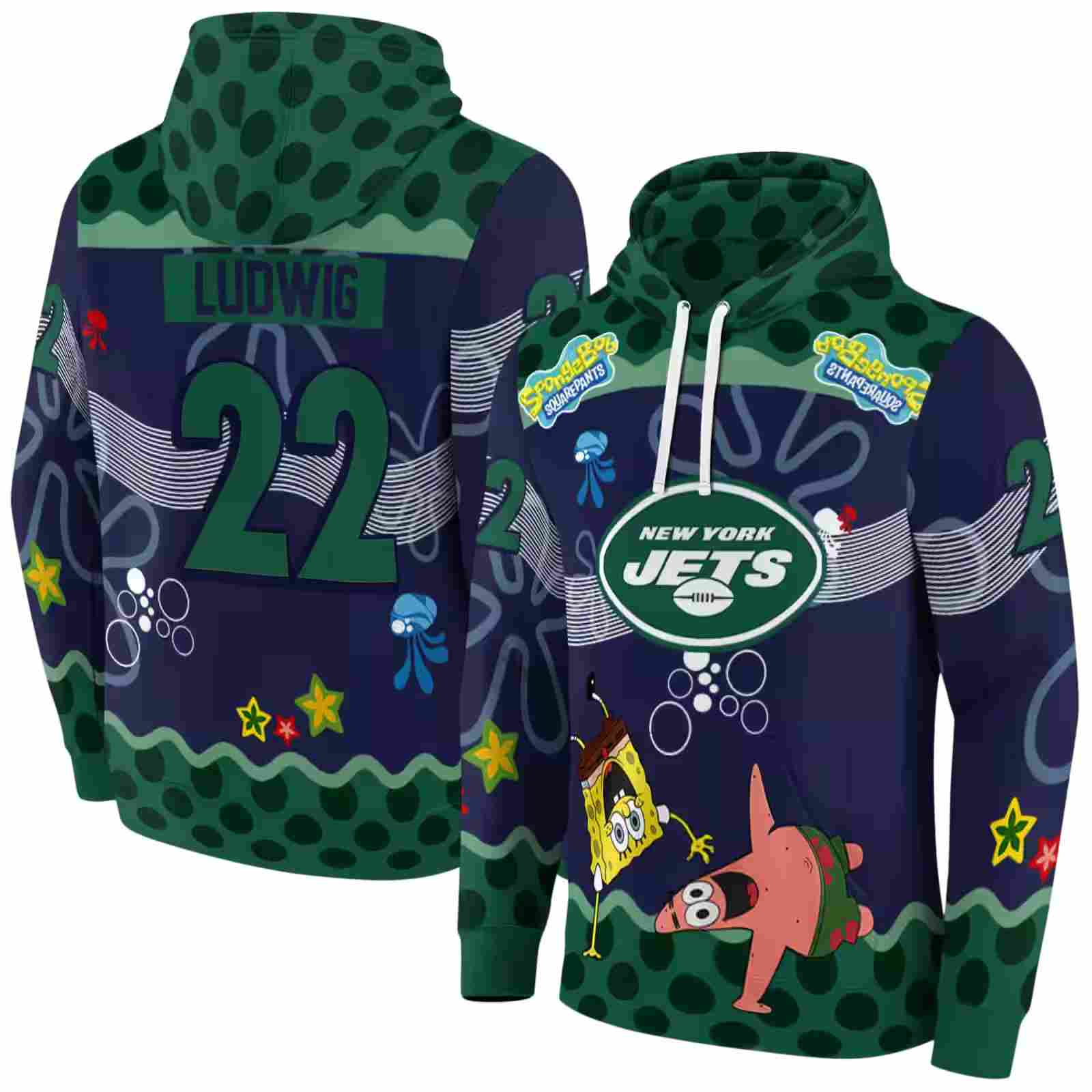 personalized new york jets spongebob patrick star green navy hoodie fashion forward