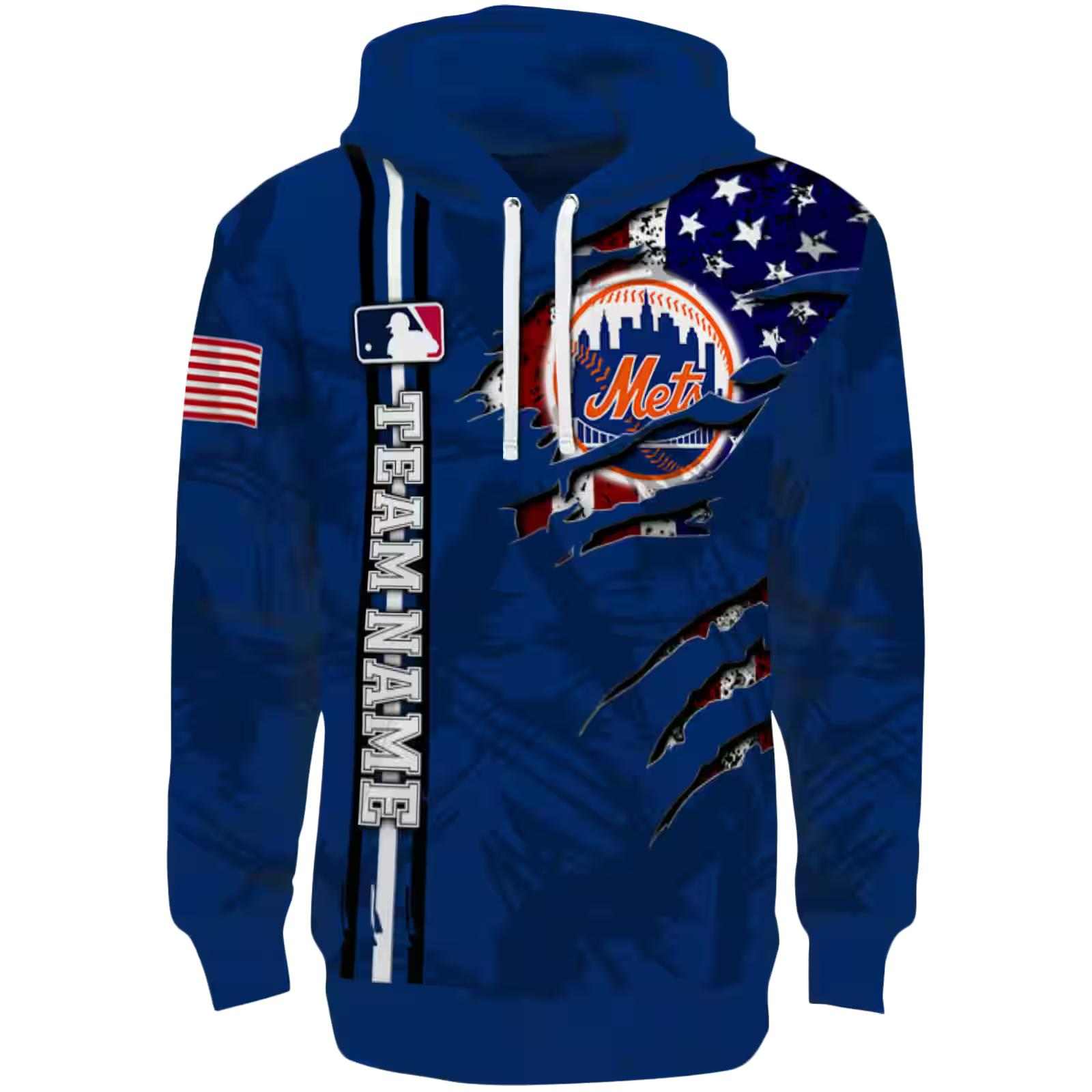 Personalized New York Mets Ripped Flag Blue Hoodie