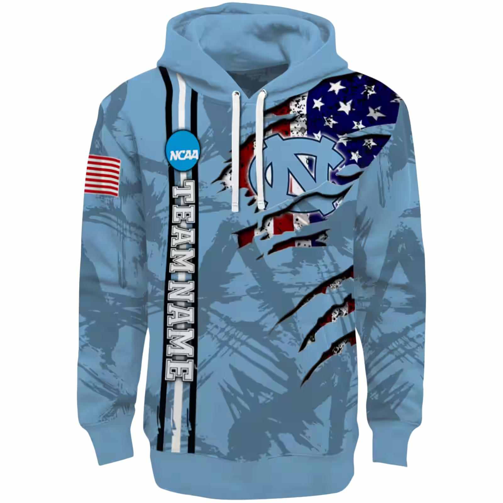 Personalized North Carolina Tar Heels Ripped Flag Light Blue Hoodie