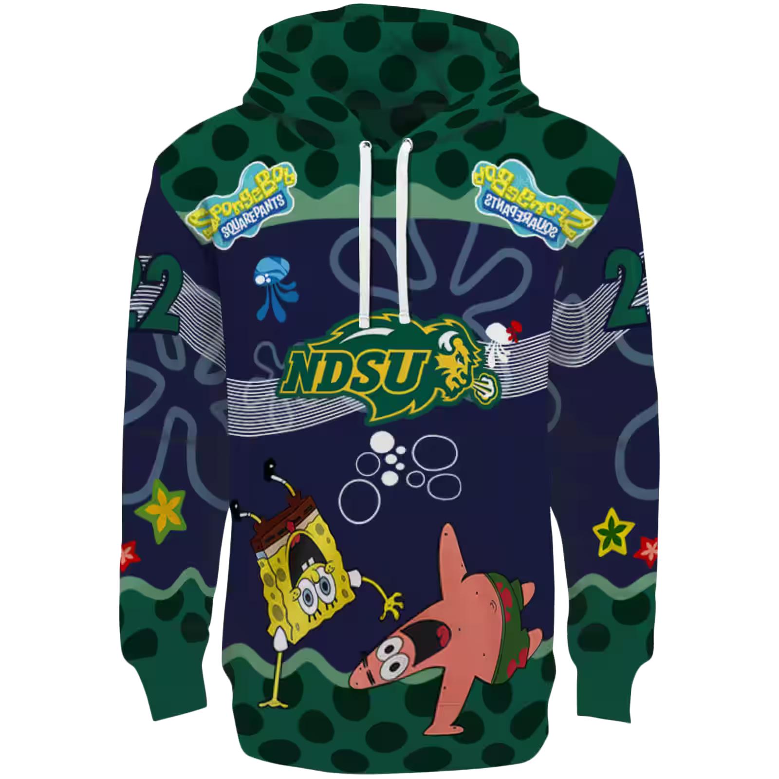 Personalized North Dakota State Bison Spongebob Patrick Star Green Navy Hoodie