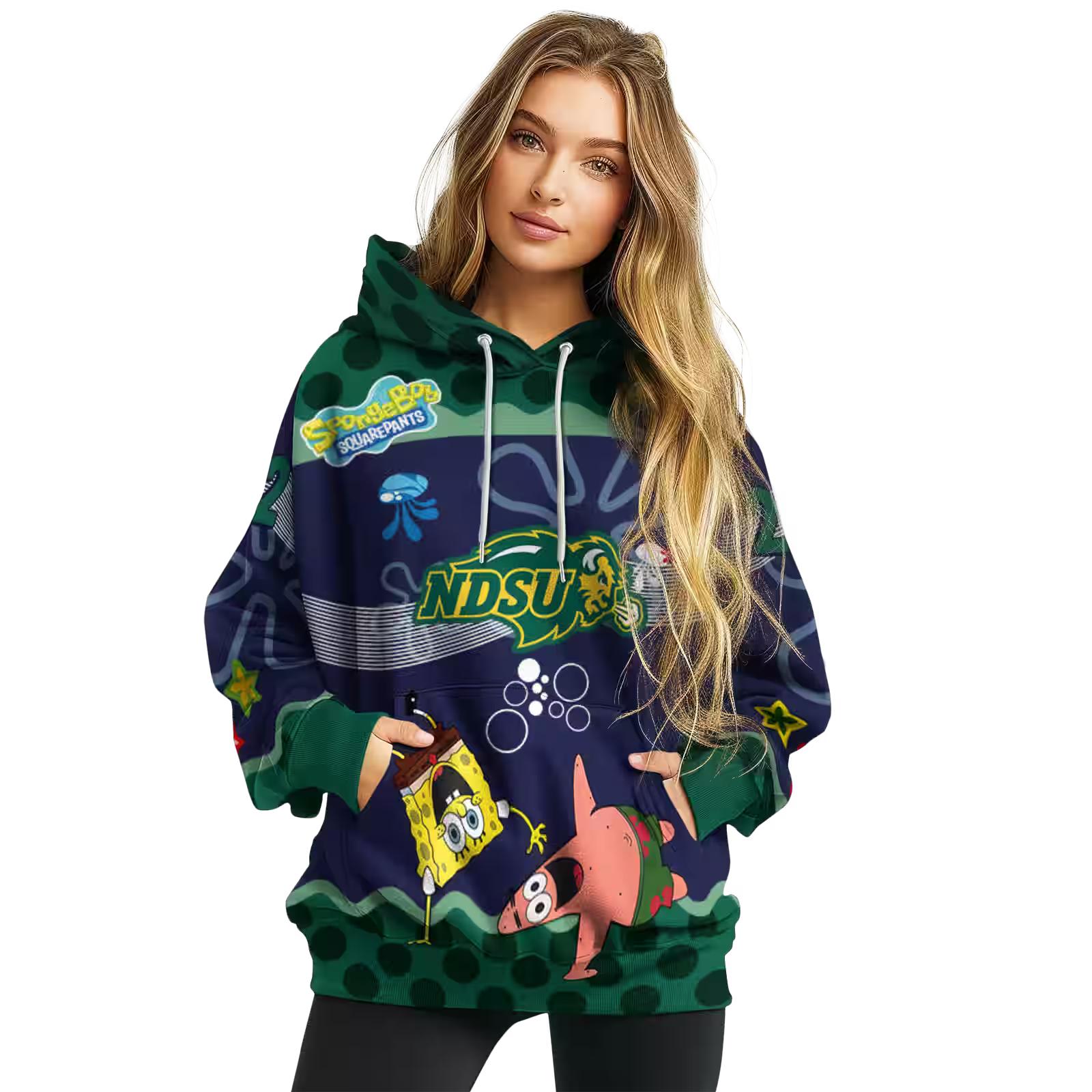 personalized north dakota state bison spongebob patrick star green navy hoodie high quality