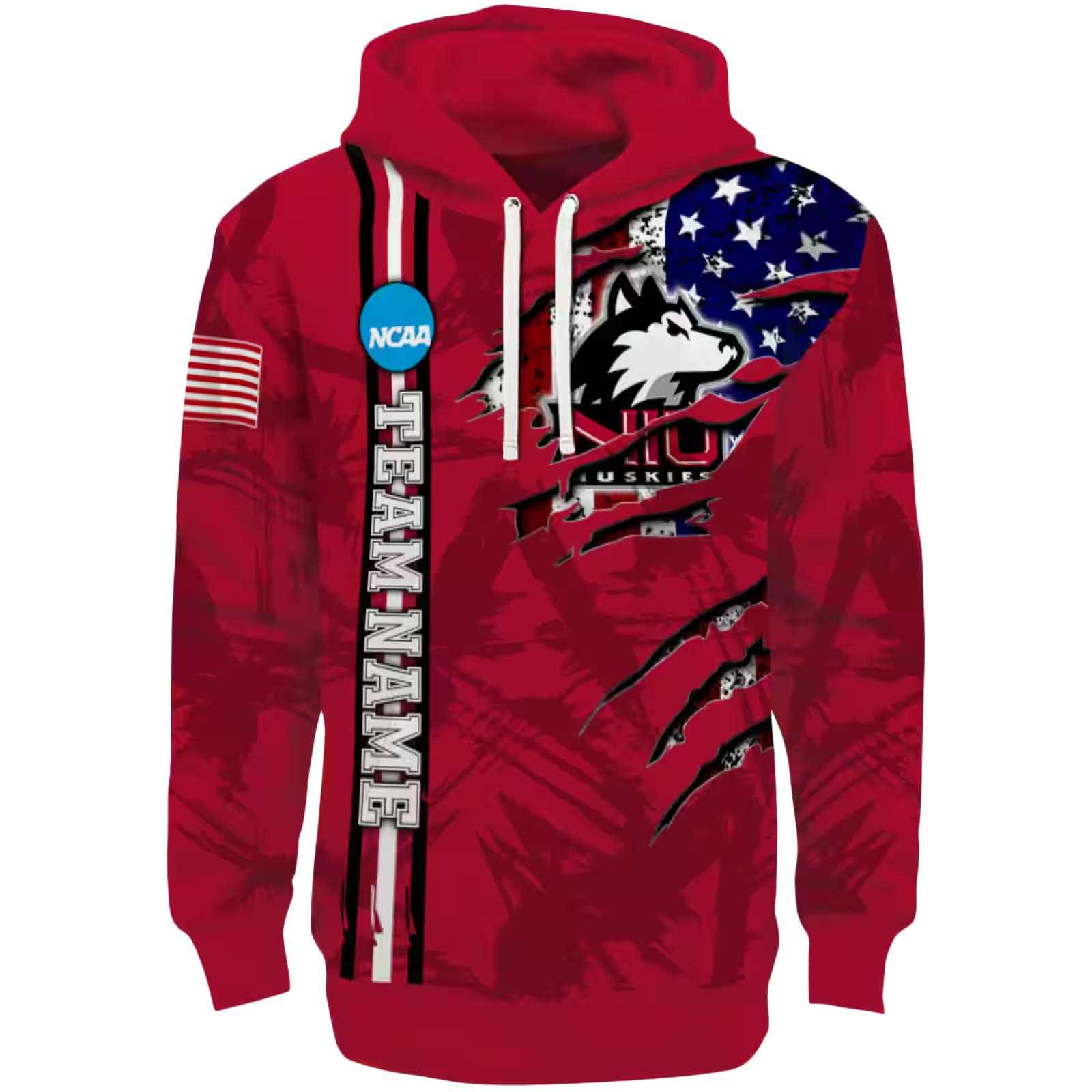 Personalized Northern Illinois Huskies Ripped Flag Red Hoodie