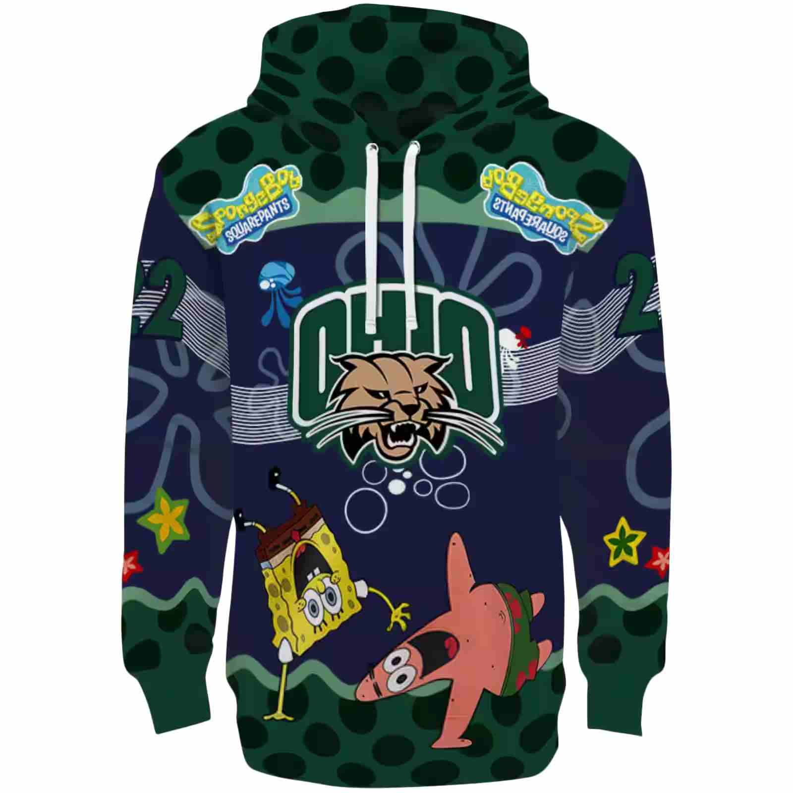 Personalized Ohio Bobcats Spongebob Patrick Star Green Navy Hoodie