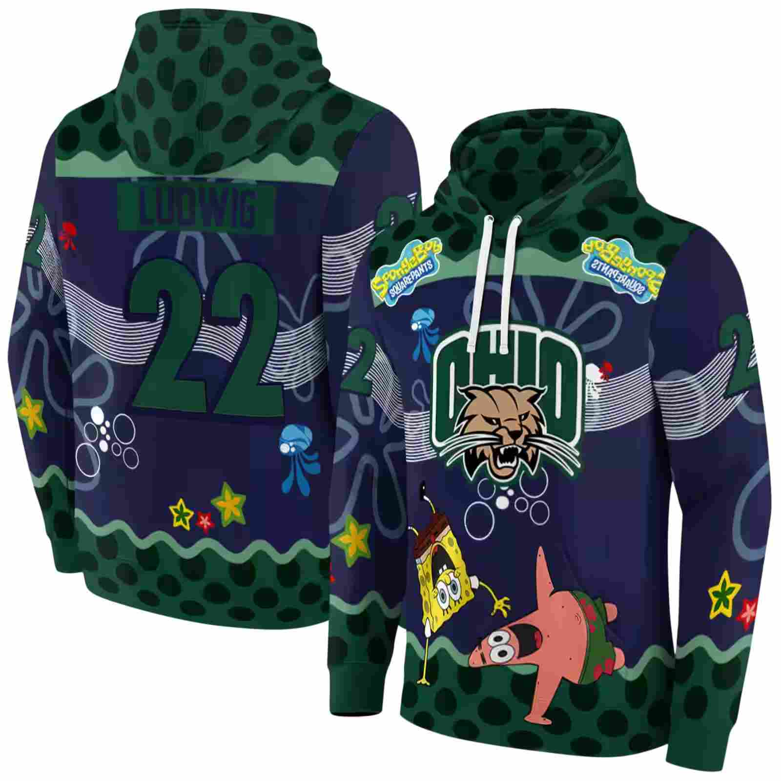 personalized ohio bobcats spongebob patrick star green navy hoodie fashion forward