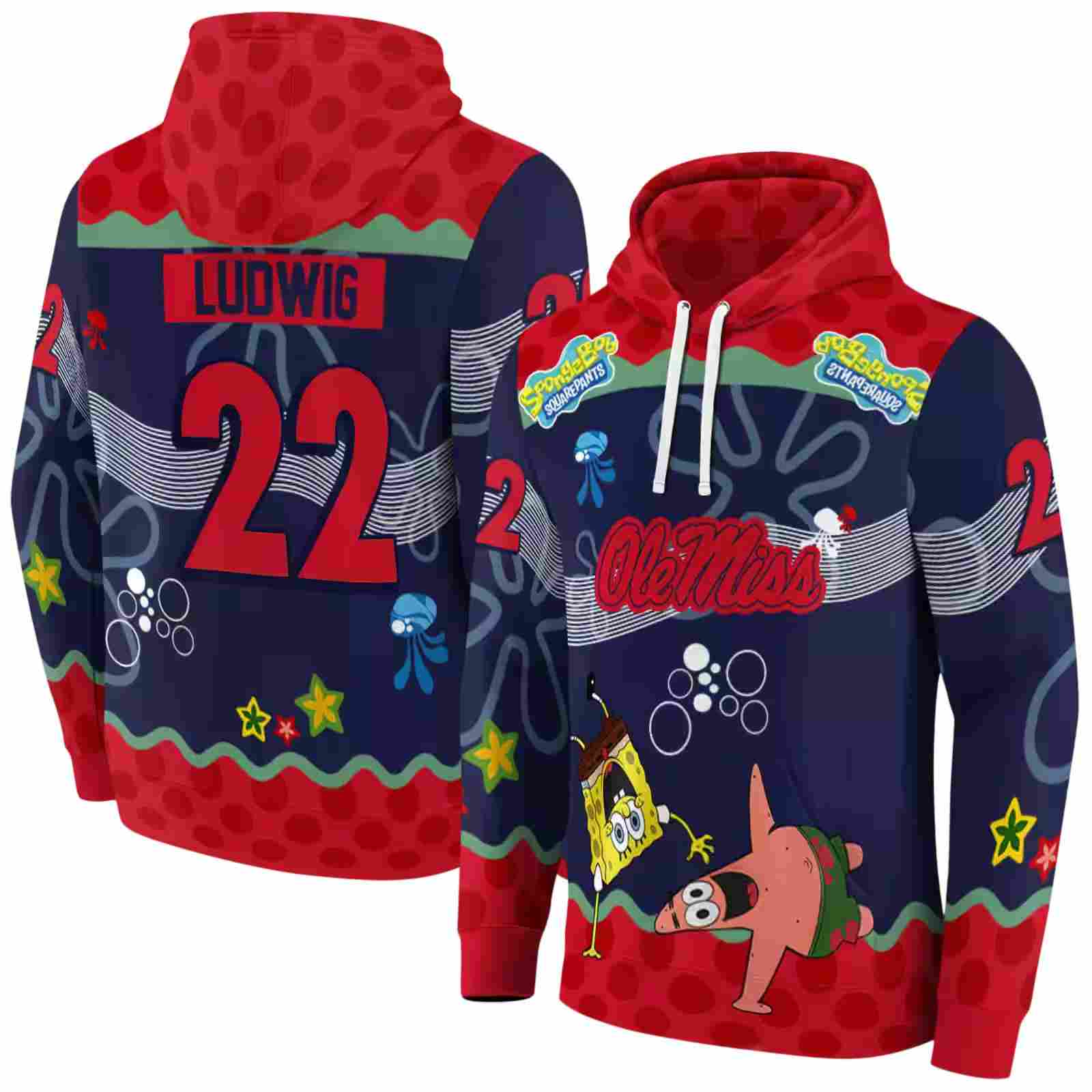 personalized ole miss rebels spongebob patrick star red navy hoodie fashion forward
