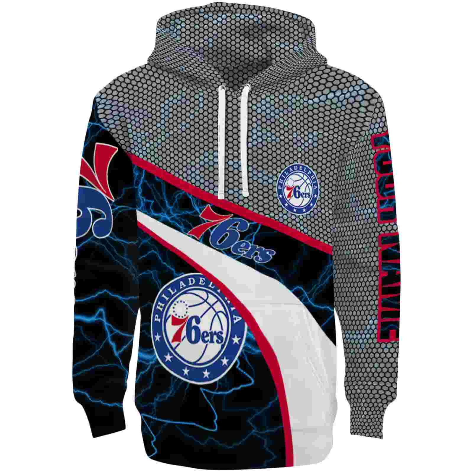 Personalized Philadelphia 76ers Hexagonal Mesh Blue Black Gray Hoodie