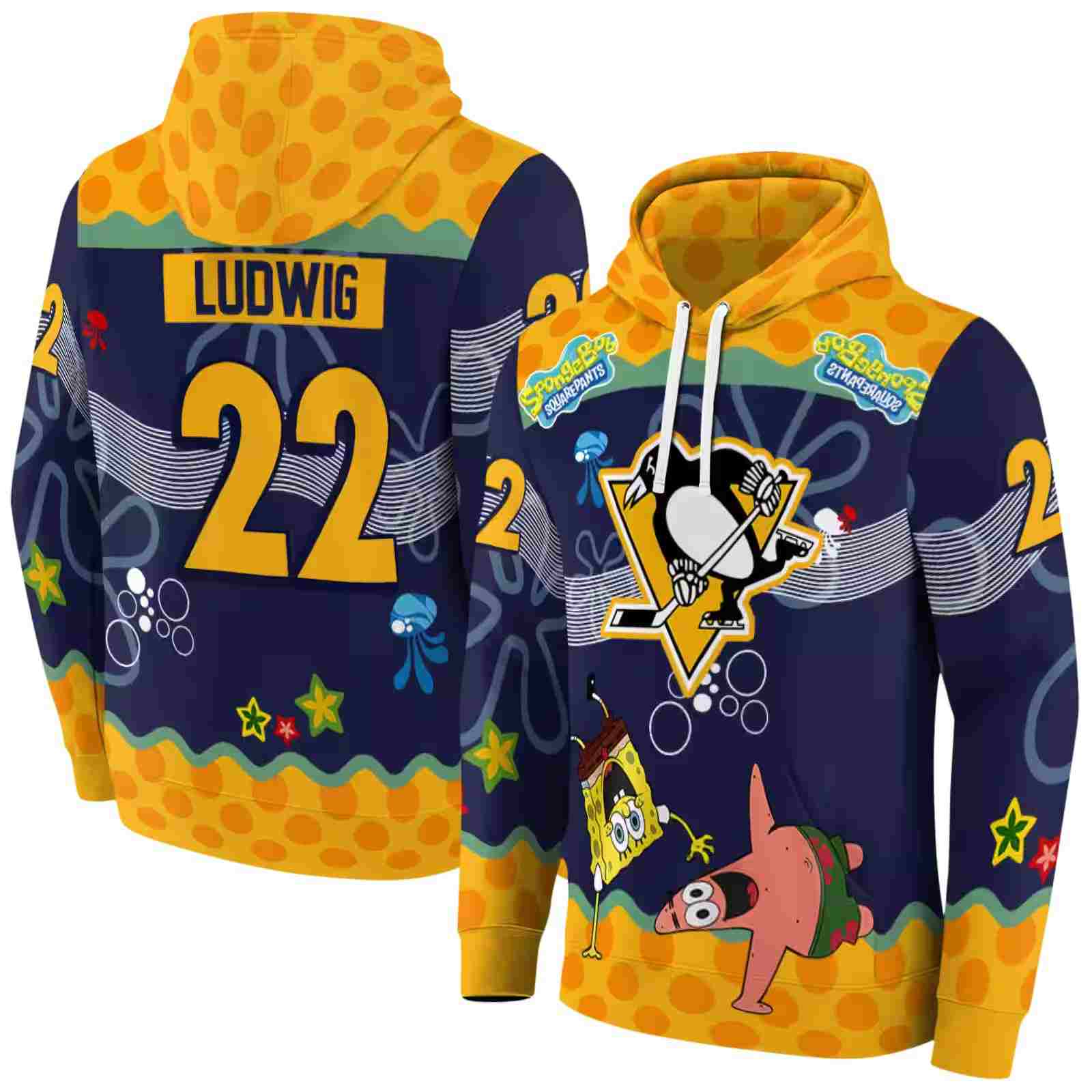 personalized pittsburgh penguins spongebob patrick star yellow navy hoodie fashion forward